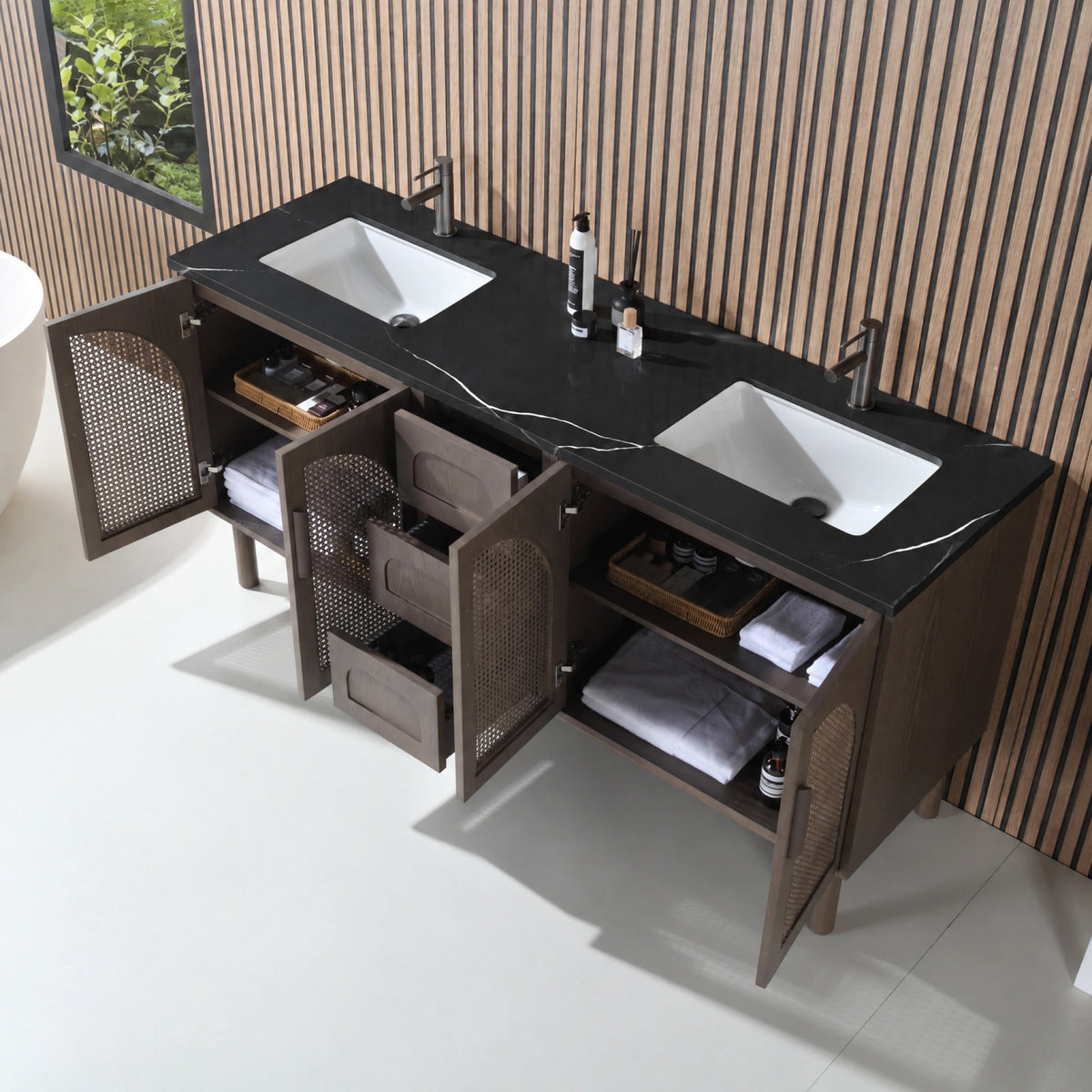 72" Chestnut Oak Freestanding Double Sinks Bathroom Vanity with Black Marquina Quartz Countertop