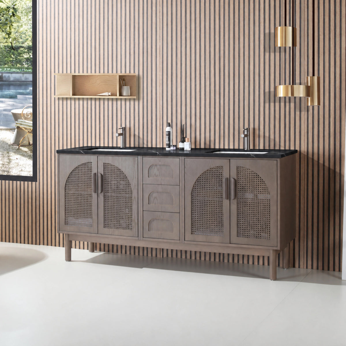 72" Chestnut Oak Freestanding Double Sinks Bathroom Vanity with Black Marquina Quartz Countertop