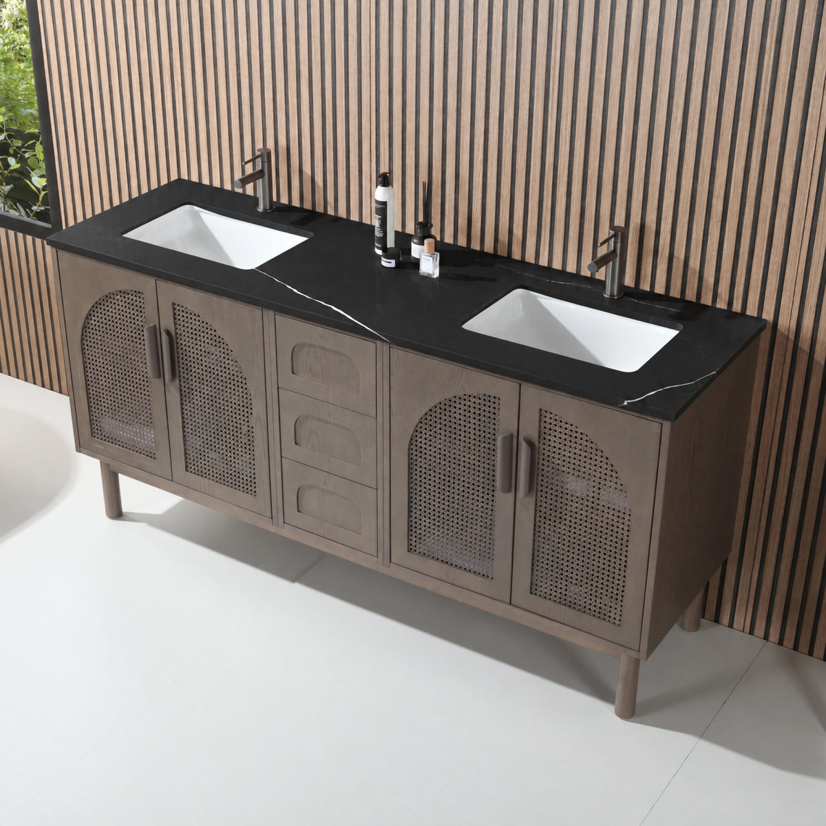 72" Chestnut Oak Freestanding Double Sinks Bathroom Vanity with Black Marquina Quartz Countertop