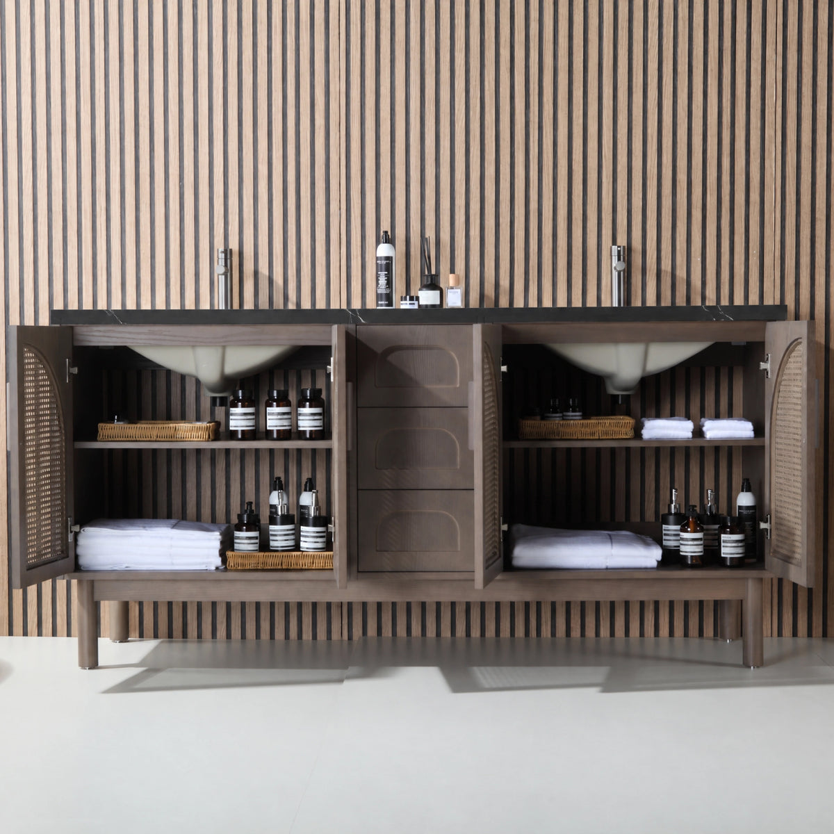 72" Chestnut Oak Freestanding Double Sinks Bathroom Vanity with Black Marquina Quartz Countertop