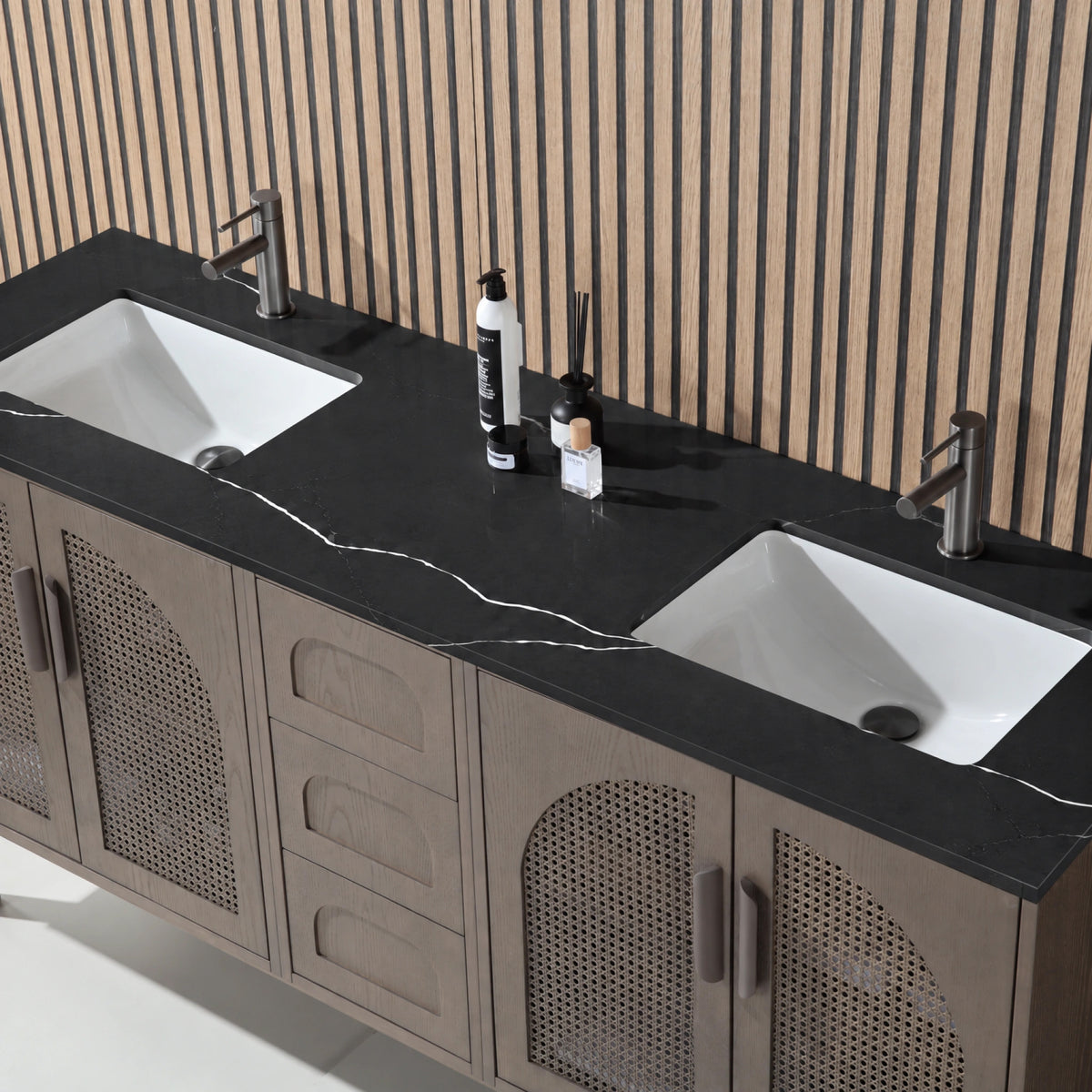 72" Chestnut Oak Freestanding Double Sinks Bathroom Vanity with Black Marquina Quartz Countertop
