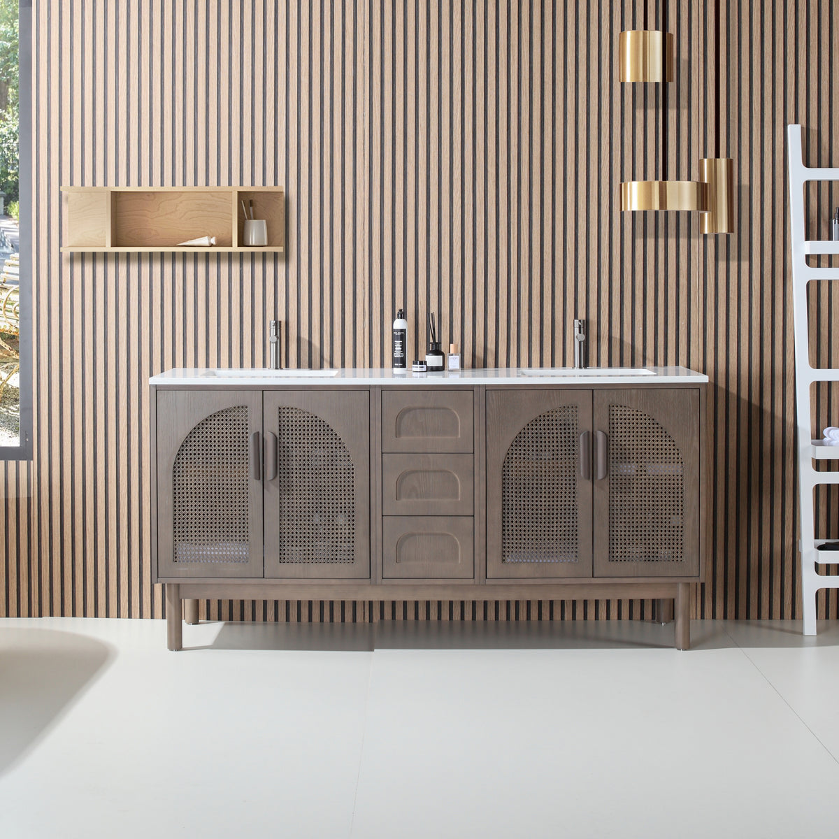 72" Chestnut Oak Freestanding Double Sinks Bathroom Vanity with Pure White Quartz Countertop
