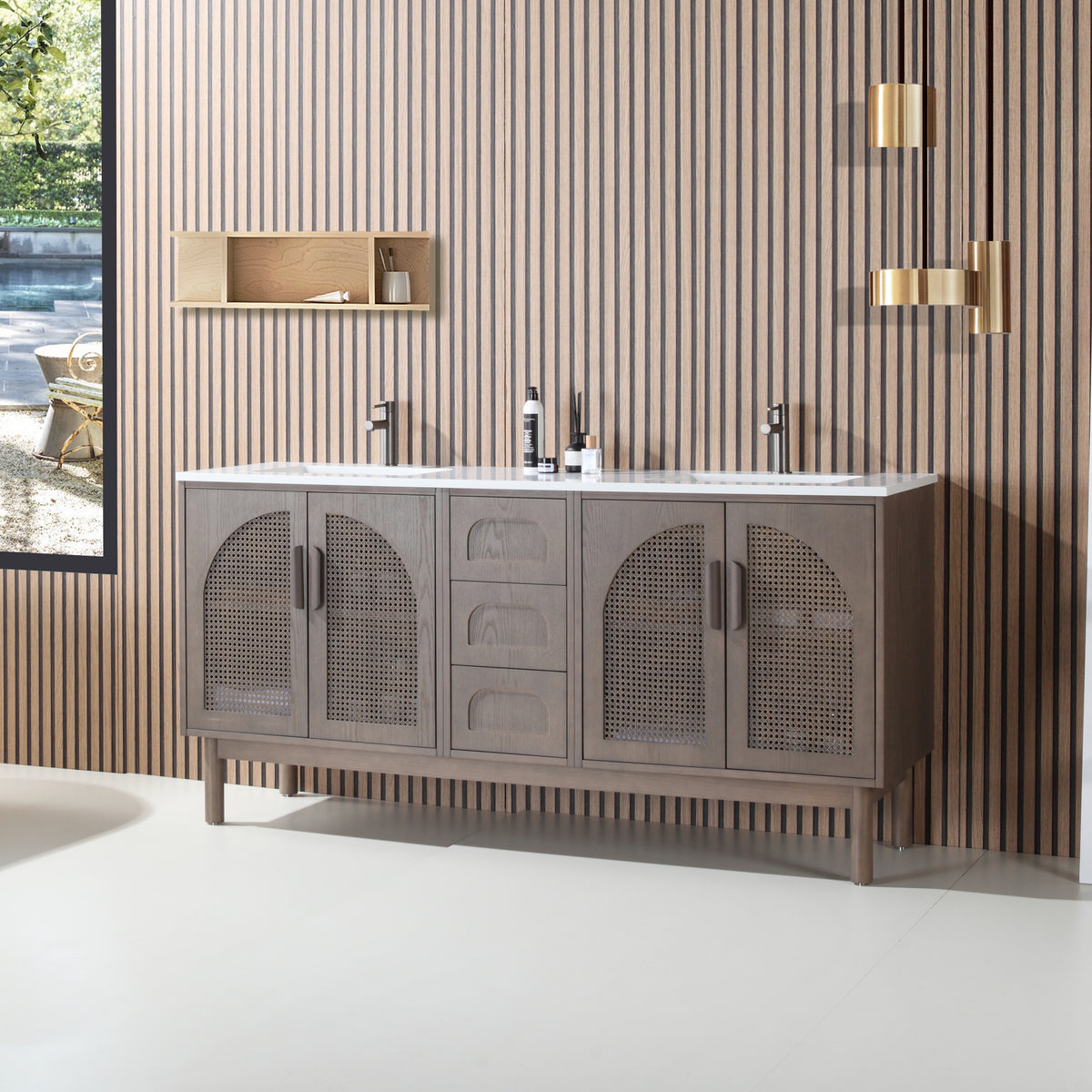 72" Chestnut Oak Freestanding Double Sinks Bathroom Vanity with Pure White Quartz Countertop