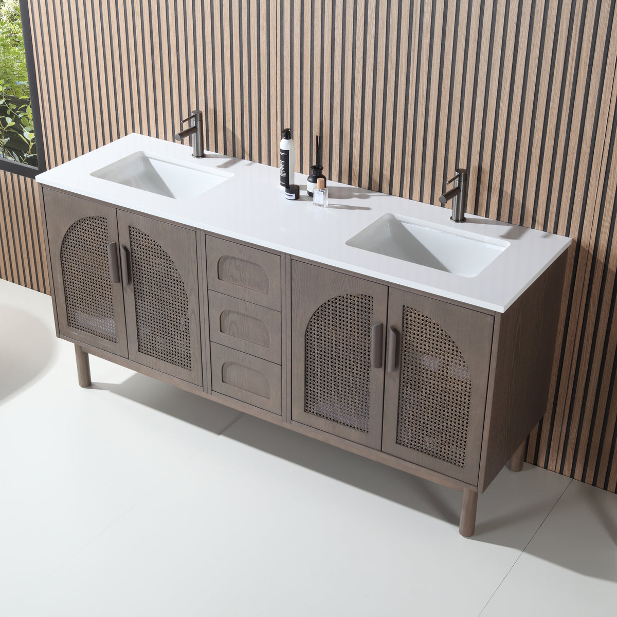 72" Chestnut Oak Freestanding Double Sinks Bathroom Vanity with Pure White Quartz Countertop