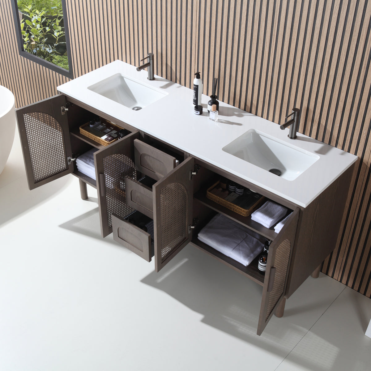 72" Chestnut Oak Freestanding Double Sinks Bathroom Vanity with Pure White Quartz Countertop