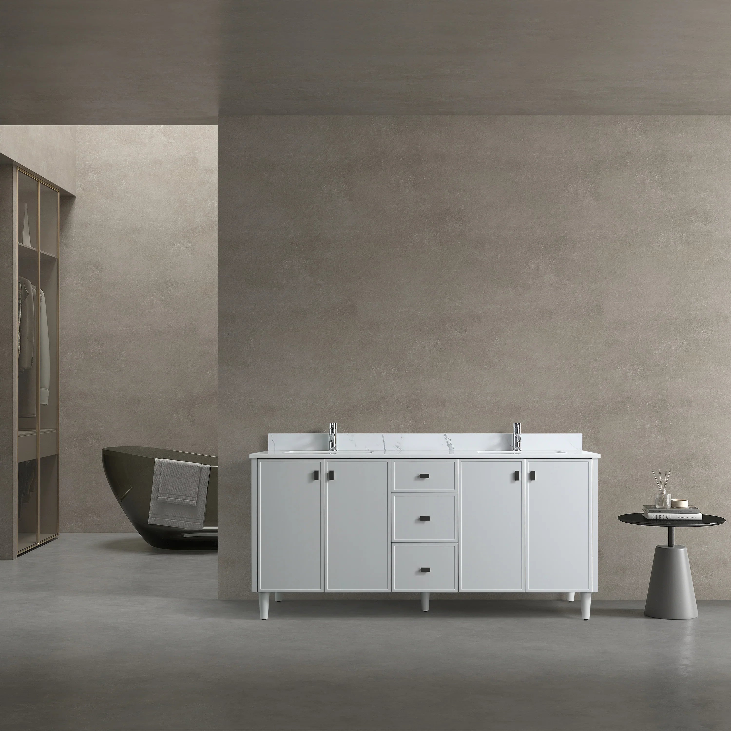 Meuble Lavabo Autoportant 72po Hampton Gris Double Vasque avec Comptoir Marbre Calcutta