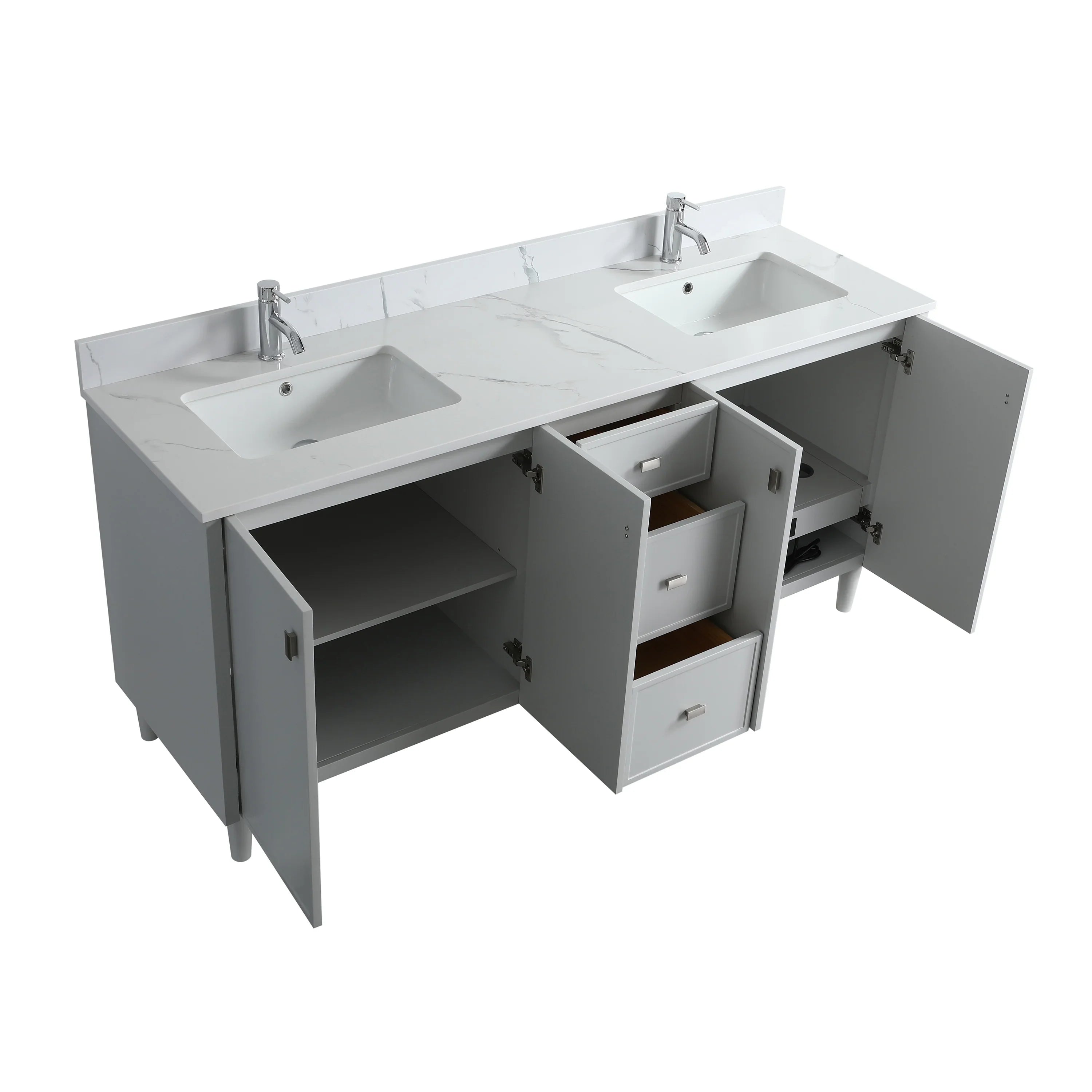 Meuble Lavabo Autoportant 72po Hampton Gris Double Vasque avec Comptoir Marbre Calcutta