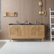 72" Pecan Oak Freestanding Double Sinks Bathroom Vanity with Black Marquina Quartz Countertop