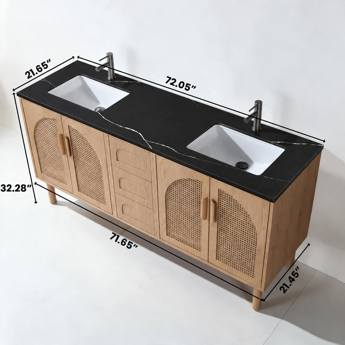 72" Pecan Oak Freestanding Double Sinks Bathroom Vanity with Black Marquina Quartz Countertop