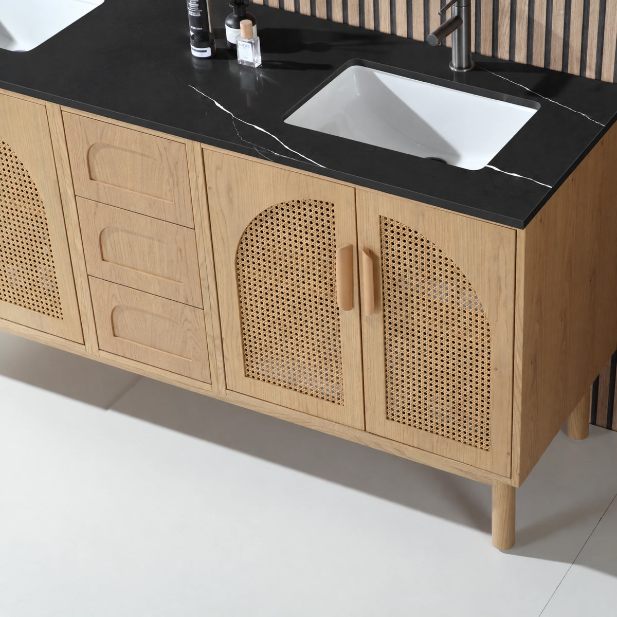72" Pecan Oak Freestanding Double Sinks Bathroom Vanity with Black Marquina Quartz Countertop