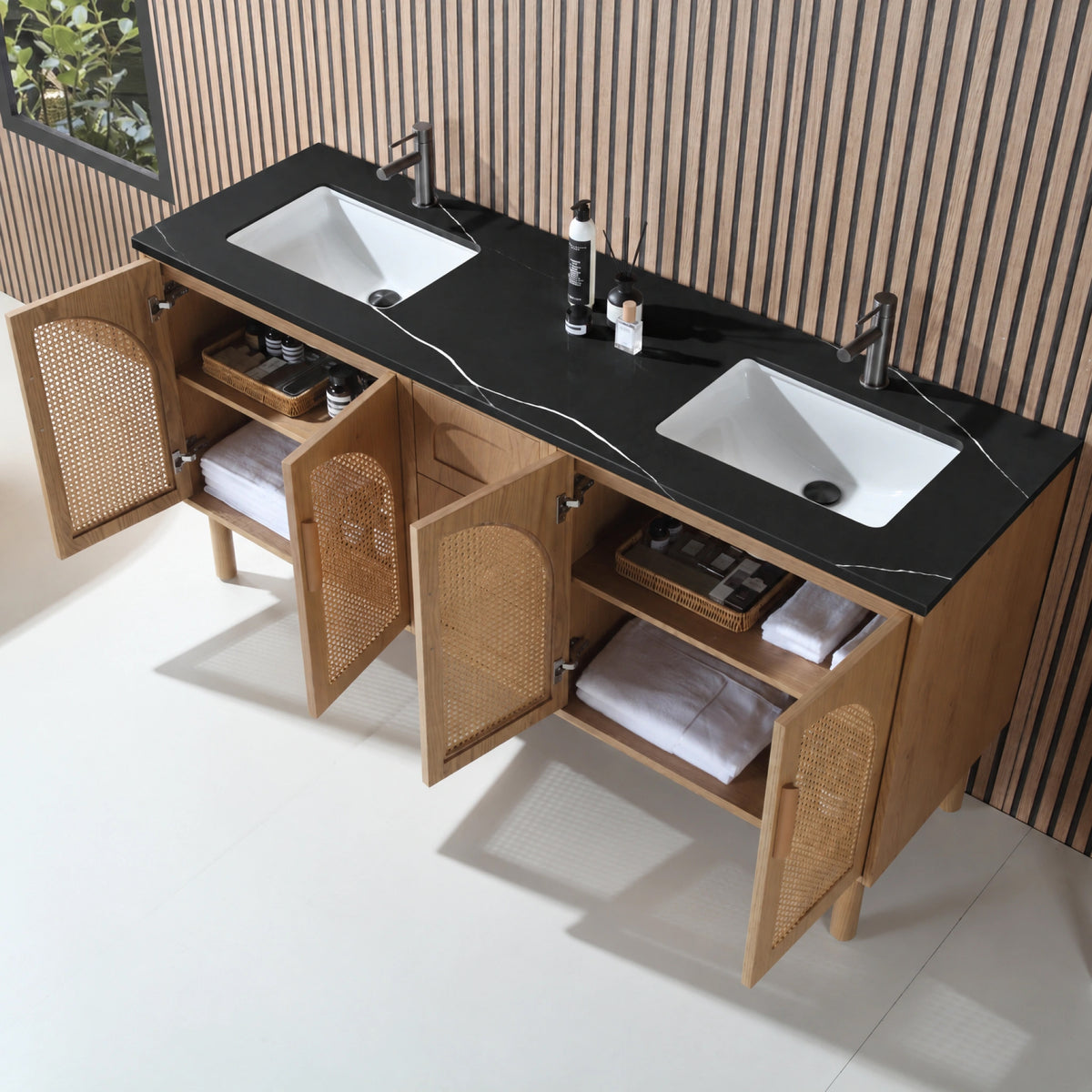 72" Pecan Oak Freestanding Double Sinks Bathroom Vanity with Black Marquina Quartz Countertop