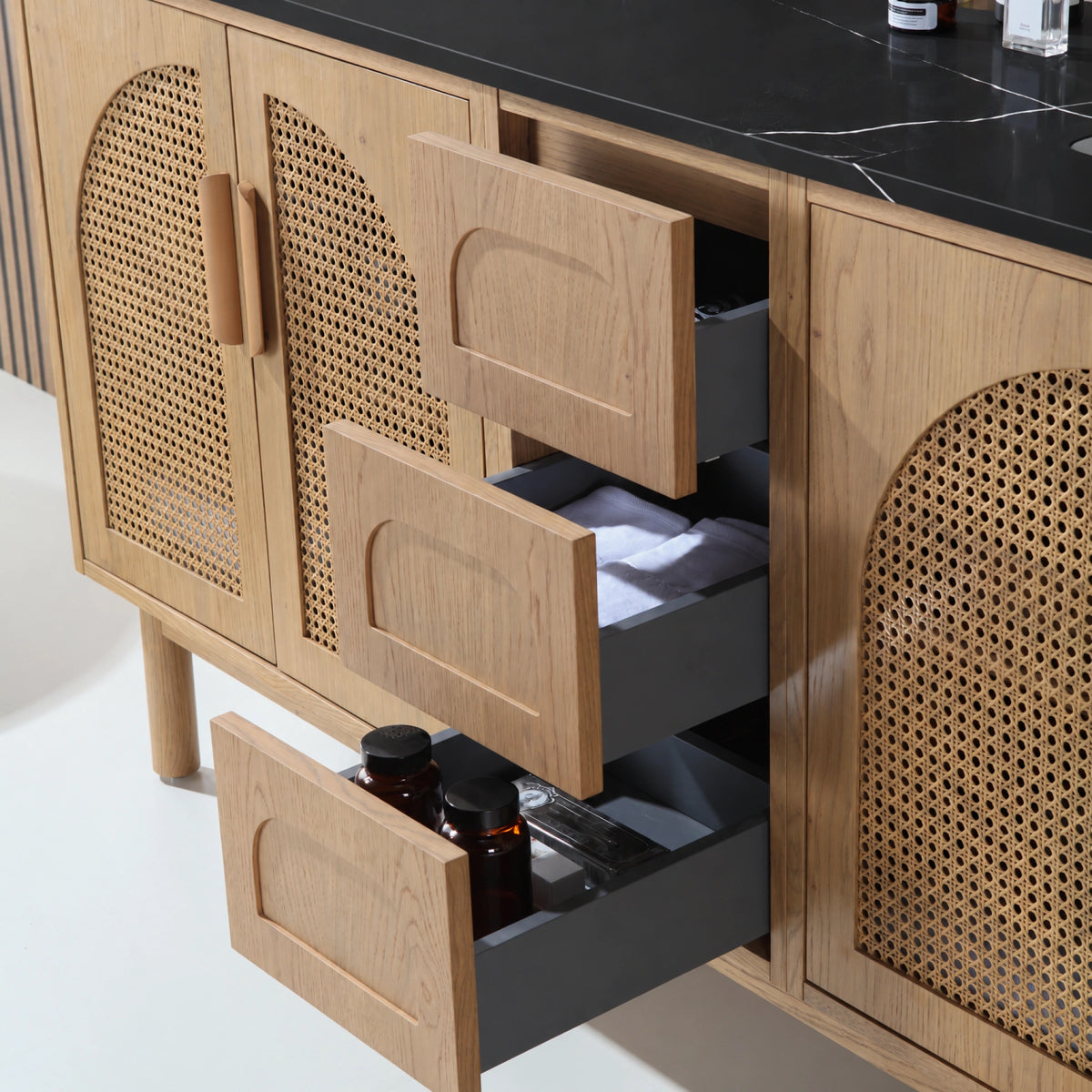 72" Pecan Oak Freestanding Double Sinks Bathroom Vanity with Black Marquina Quartz Countertop