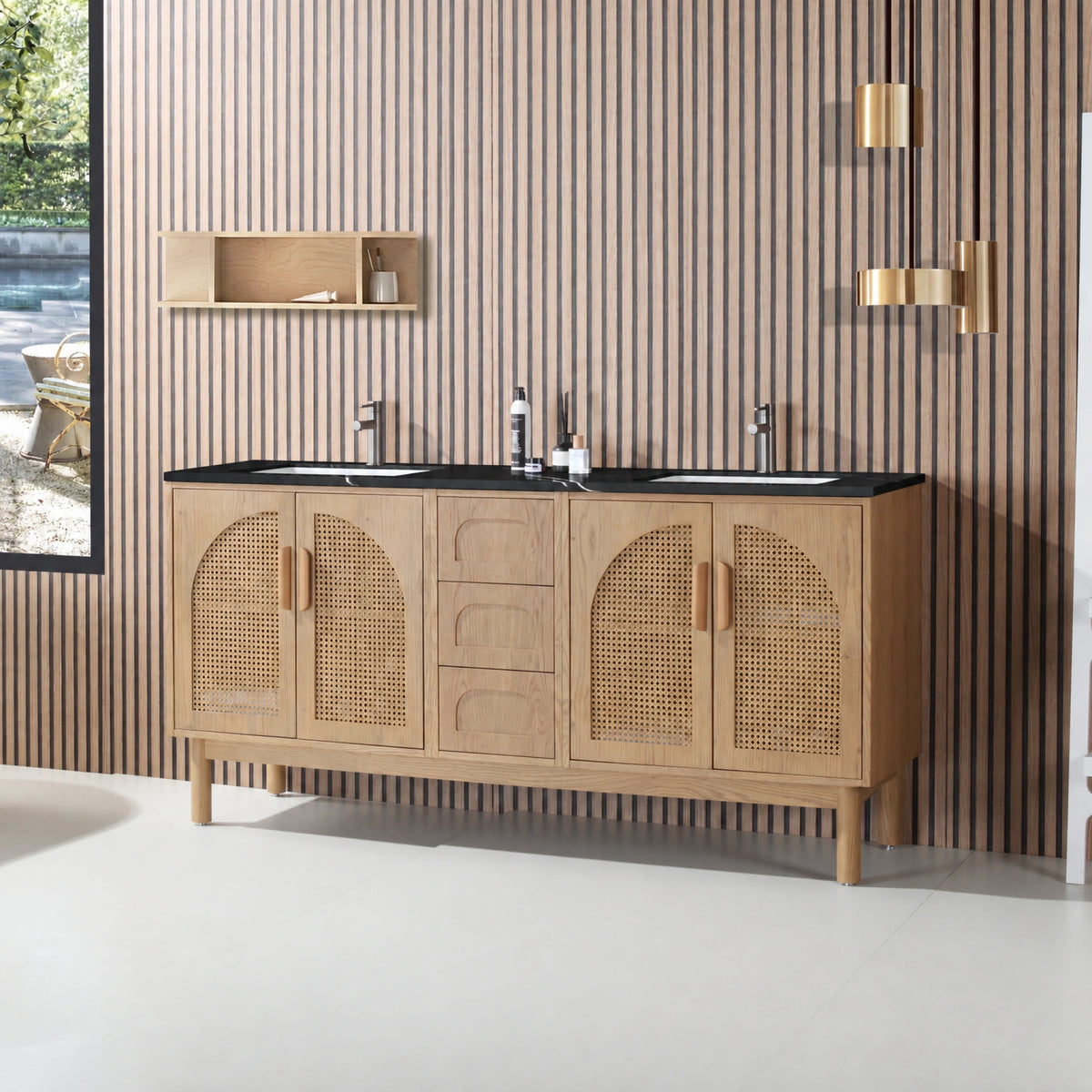 72" Pecan Oak Freestanding Double Sinks Bathroom Vanity with Black Marquina Quartz Countertop