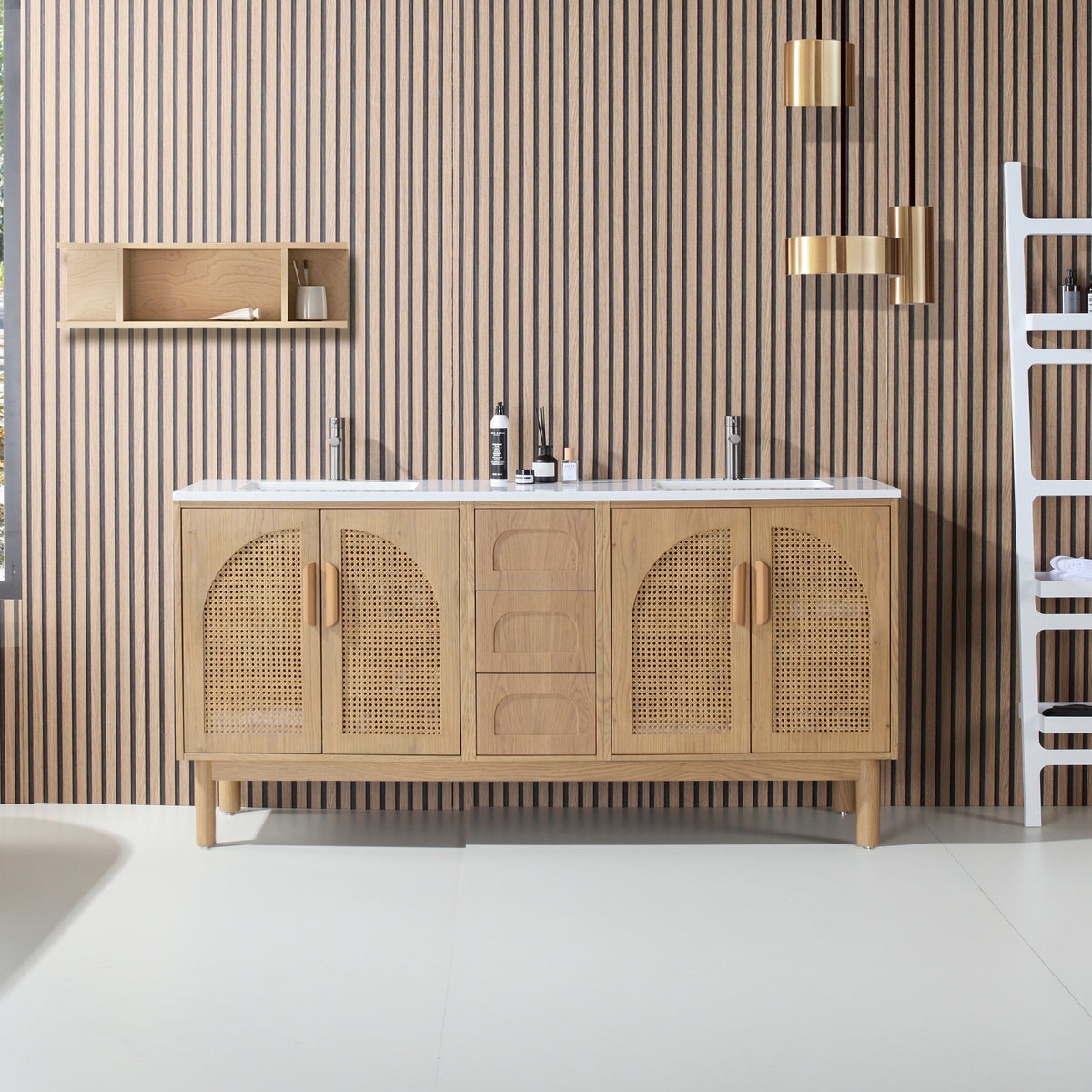72" Pecan Oak Freestanding Double Sinks Bathroom Vanity with Pure White Quartz Countertop