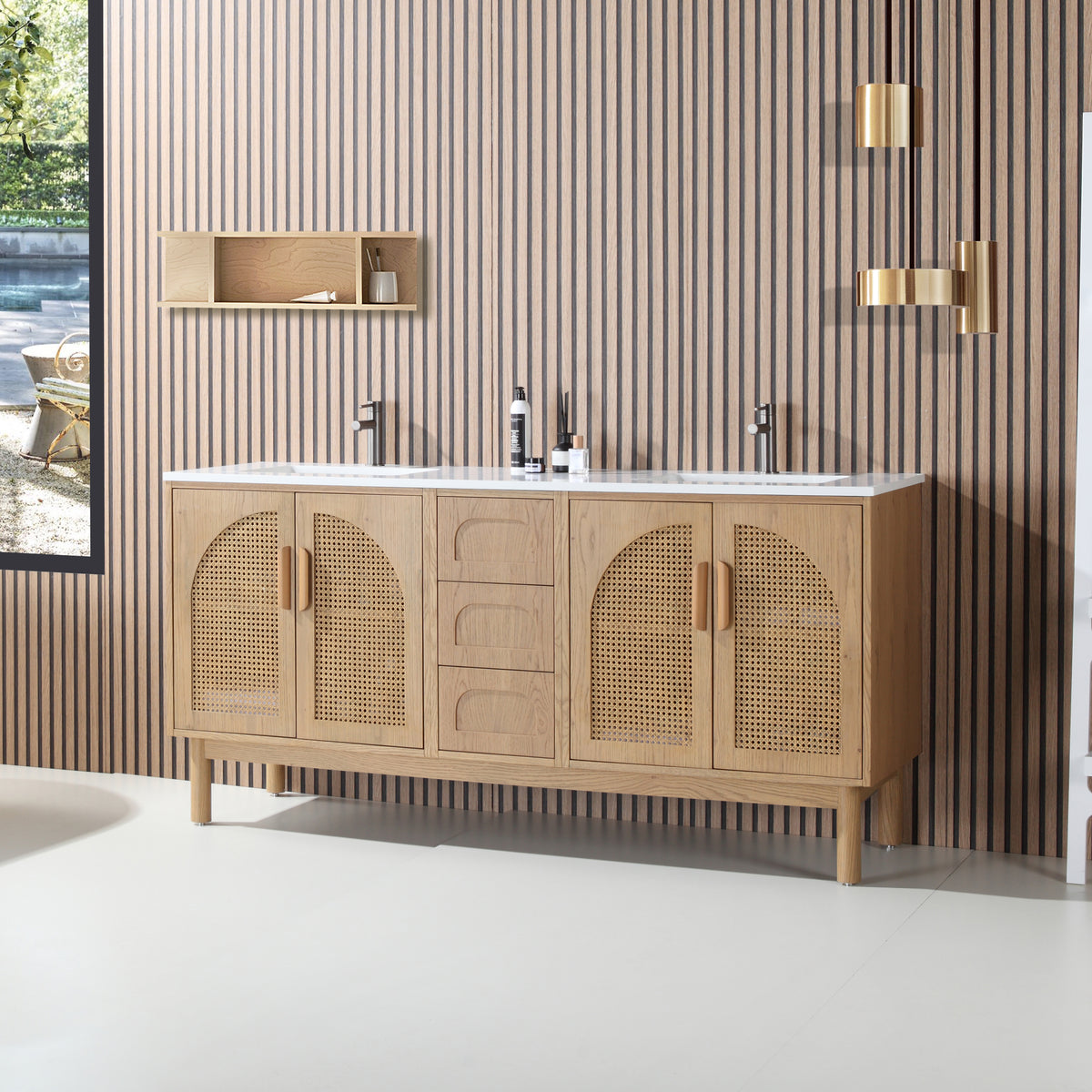 Meuble-lavabo double autoportant de 72 po en chêne pacanner avec comptoir en quartz blanc pur
