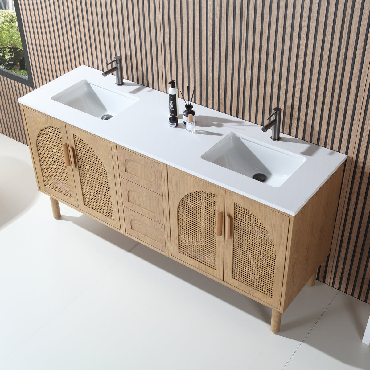 Meuble-lavabo double autoportant de 72 po en chêne pacanner avec comptoir en quartz blanc pur