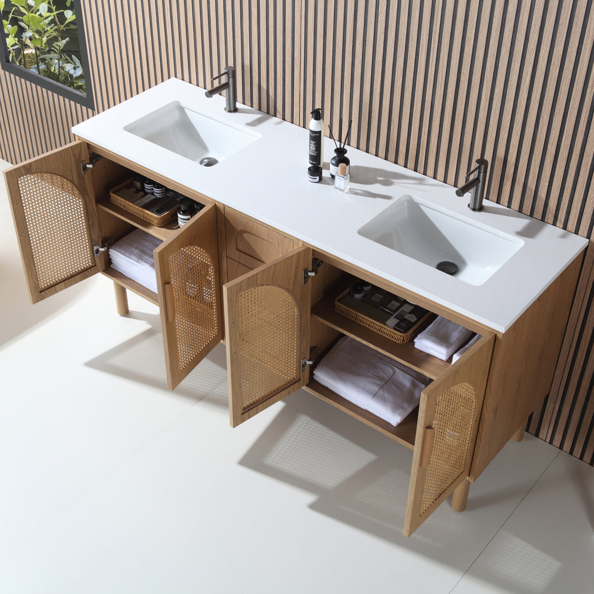 Meuble-lavabo double autoportant de 72 po en chêne pacanner avec comptoir en quartz blanc pur