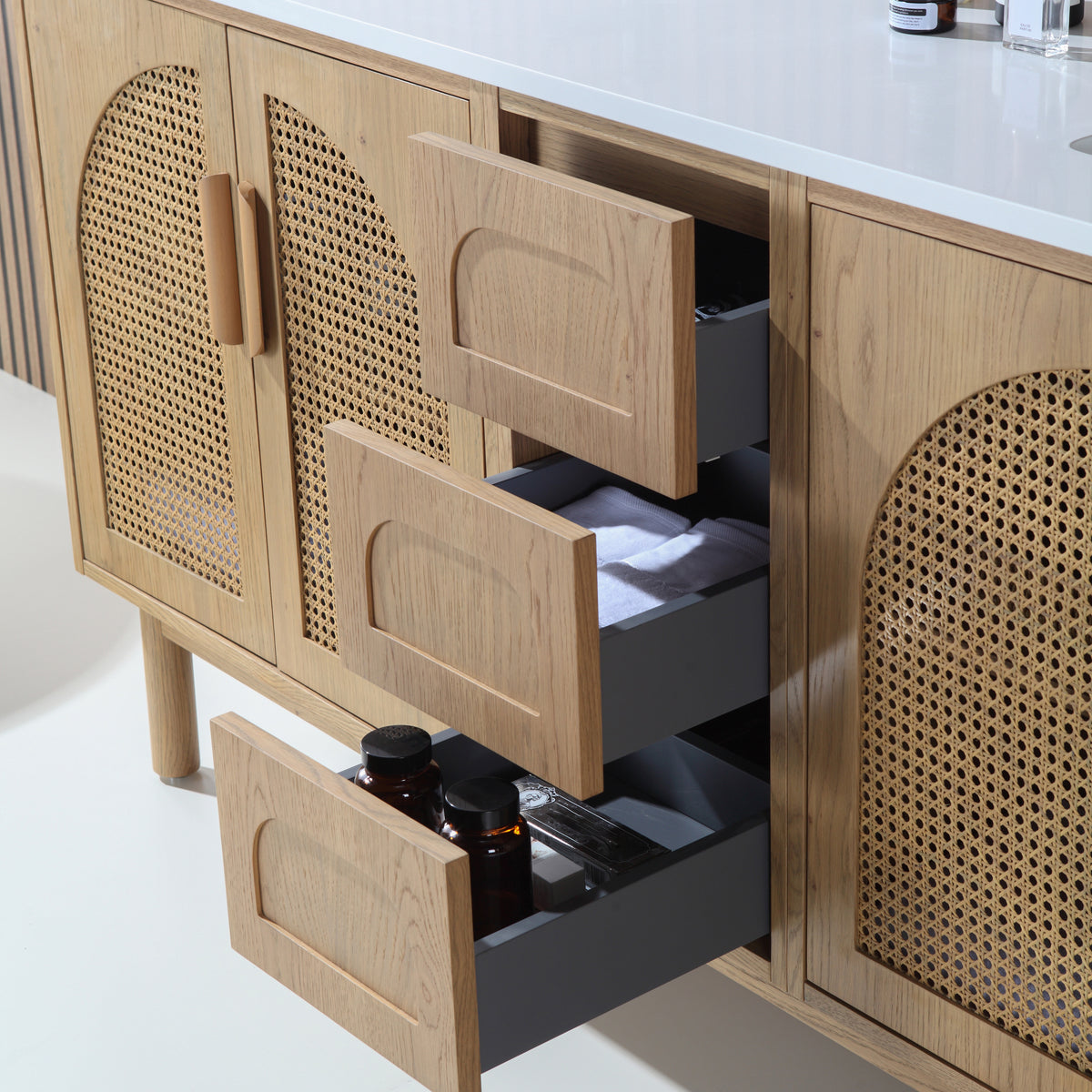 Meuble-lavabo double autoportant de 72 po en chêne pacanner avec comptoir en quartz blanc pur