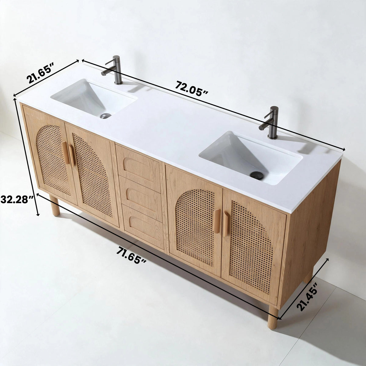 72" Pecan Oak Freestanding Double Sinks Bathroom Vanity with Pure White Quartz Countertop