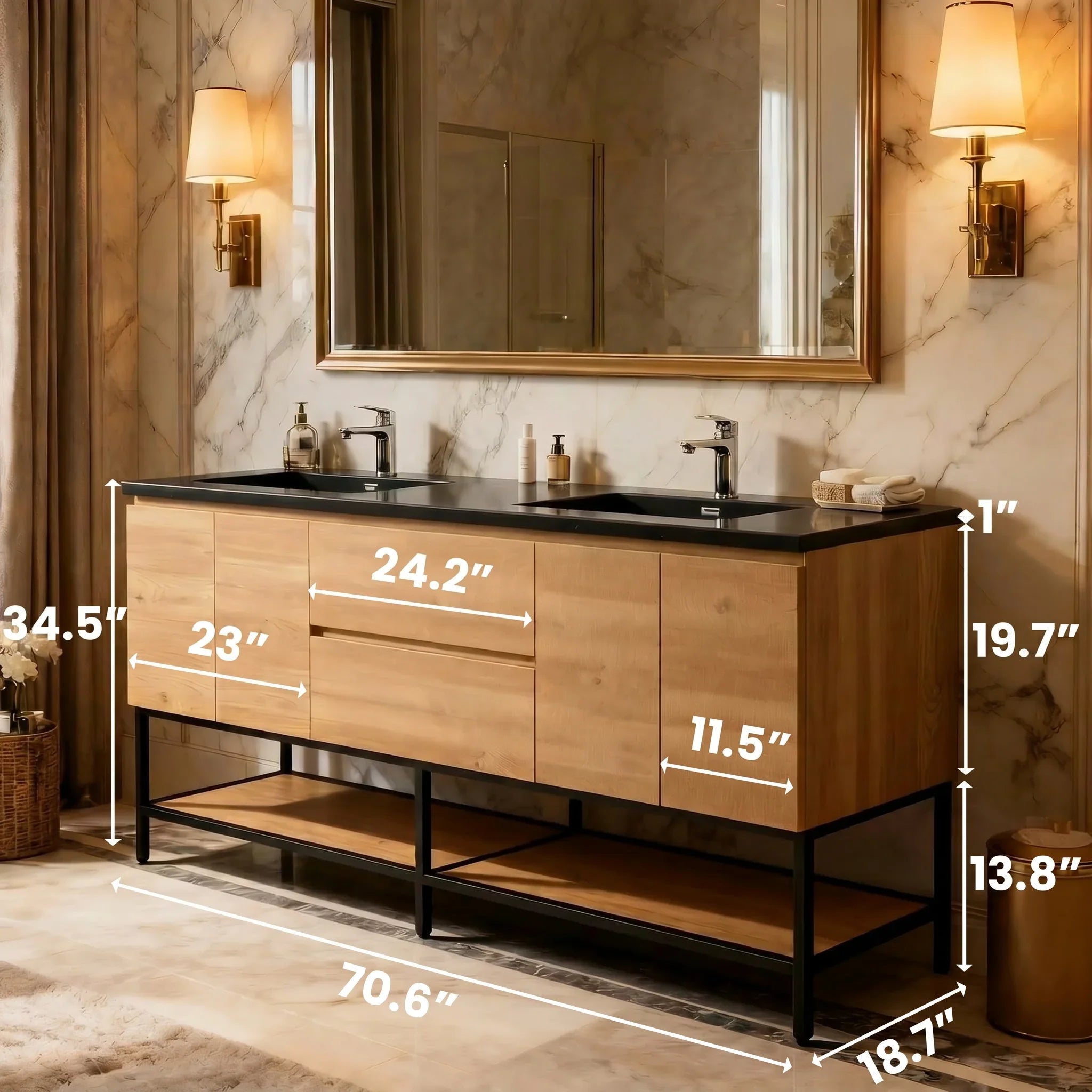Meuble-Lavabo 72po Chêne Brut avec Comptoir de 72 Quartz Noir Lavabo Double