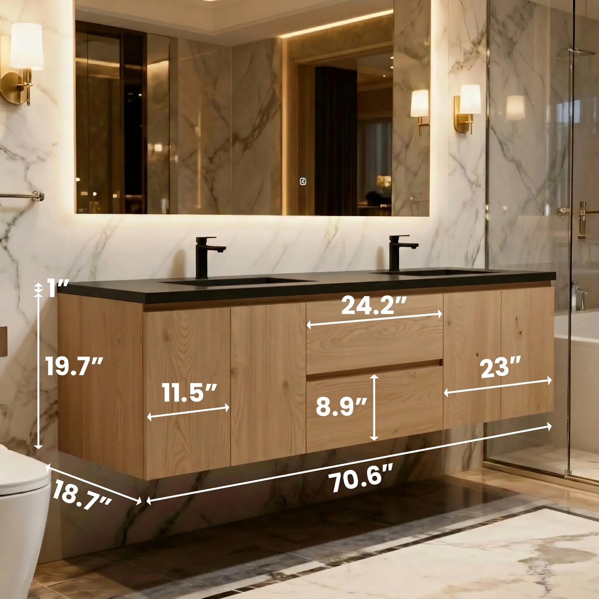 72" Rough Oak Wall Mount Double Sink Bathroom Vanity with Black Quartz Countertop