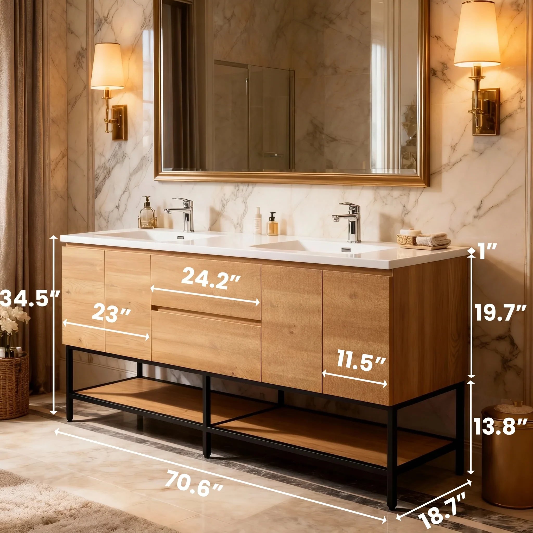 72" Rough Oak Wall Mount Double Sink Bathroom Vanity with White Polymarble Countertop