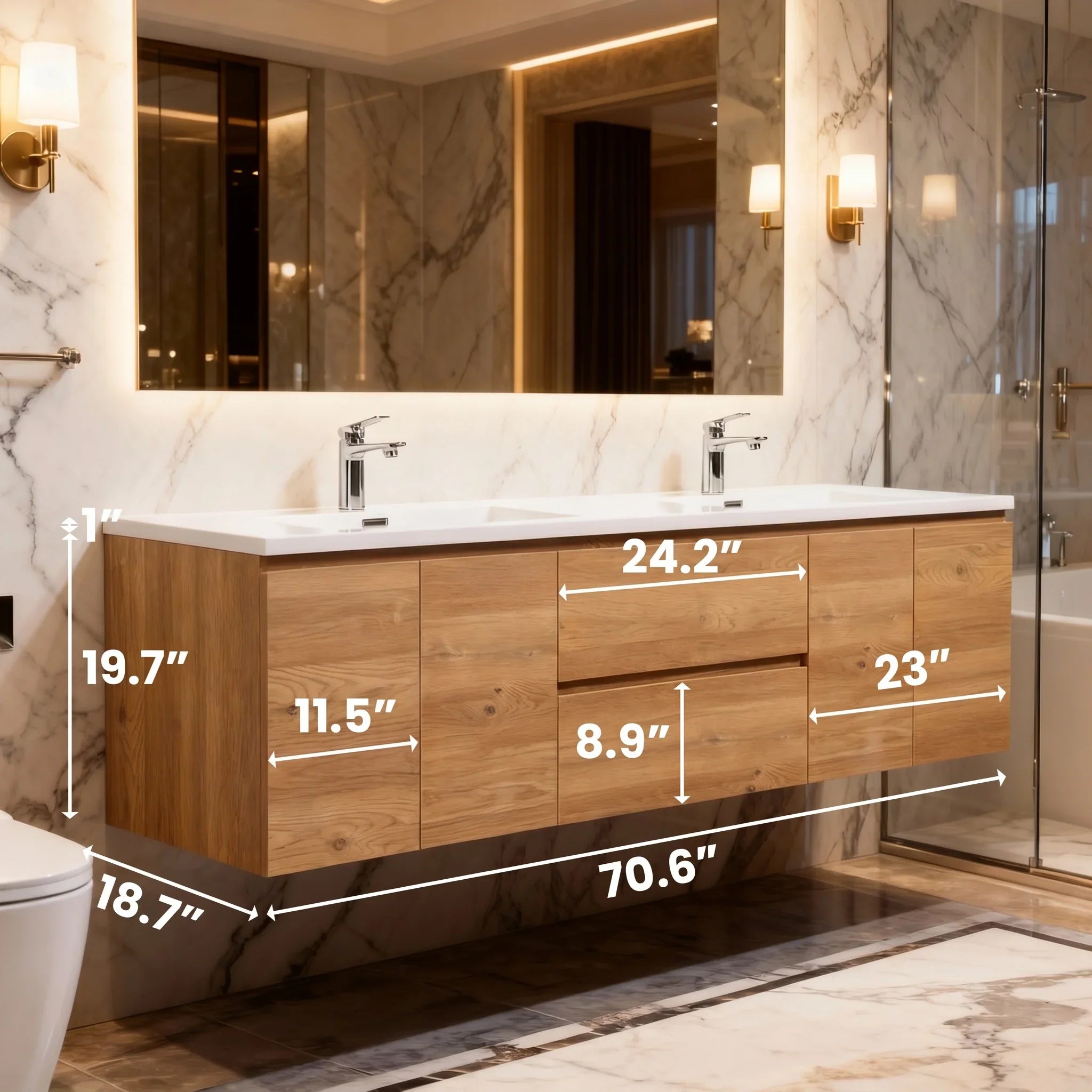 72" Rough Oak Wall Mount Double Sink Bathroom Vanity with White Polymarble Countertop