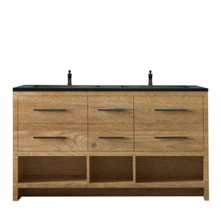 72" Rough Oak Freestanding Double Sink Bathroom Vanity with Black Engineered Quartz Countertop