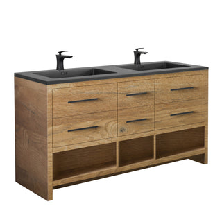 72" Rough Oak Freestanding Double Sink Bathroom Vanity with Black Engineered Quartz Countertop