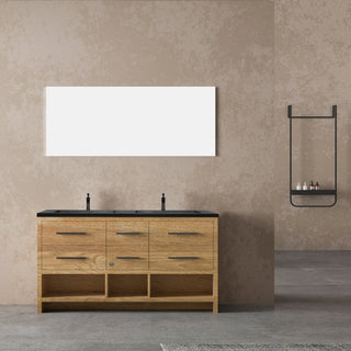 72" Rough Oak Freestanding Double Sink Bathroom Vanity with Black Engineered Quartz Countertop