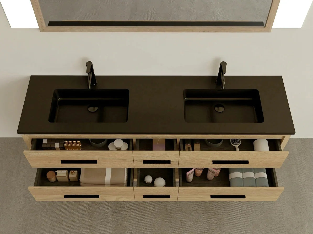 Meuble-Lavabo Autoportant 72po Chêne Brut avec Comptoir de Quartz d'ingénierie Noir