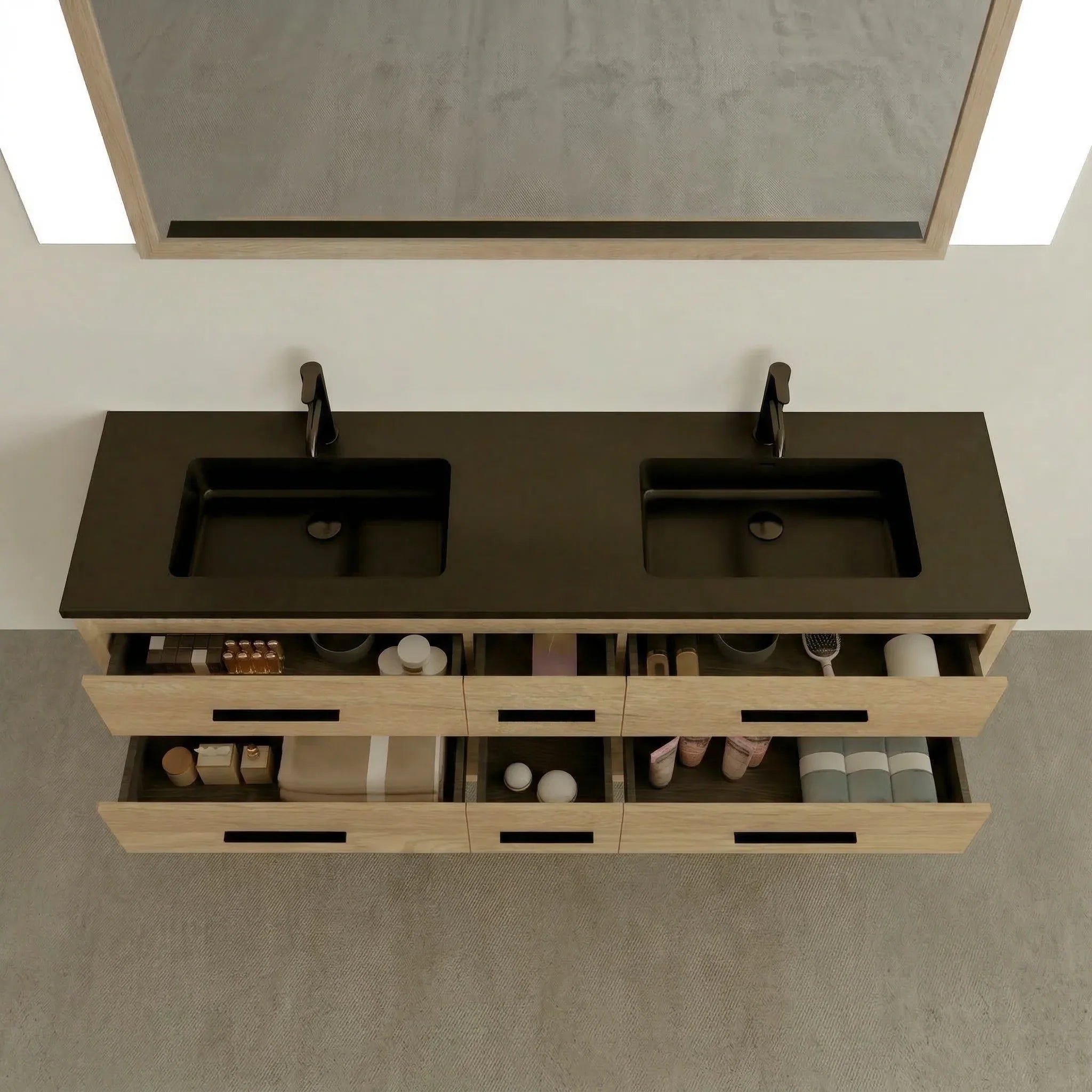 Meuble-Lavabo Autoportant 72po Chêne Brut avec Comptoir de Quartz d'ingénierie Noir