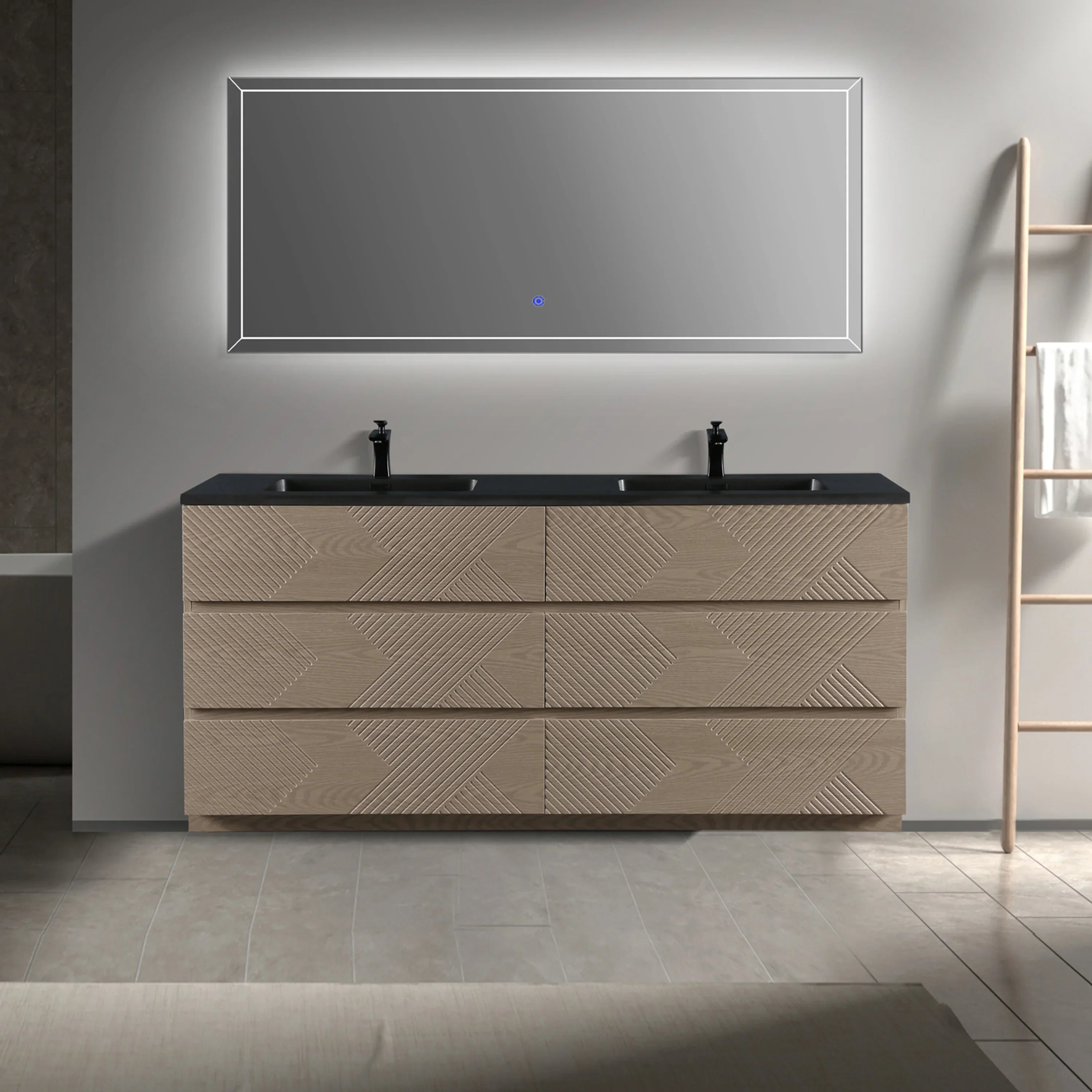 Meuble-Lavabo Autoportant 72po Chêne Taupe avec Comptoir de Quartz d'ingénierie Noir