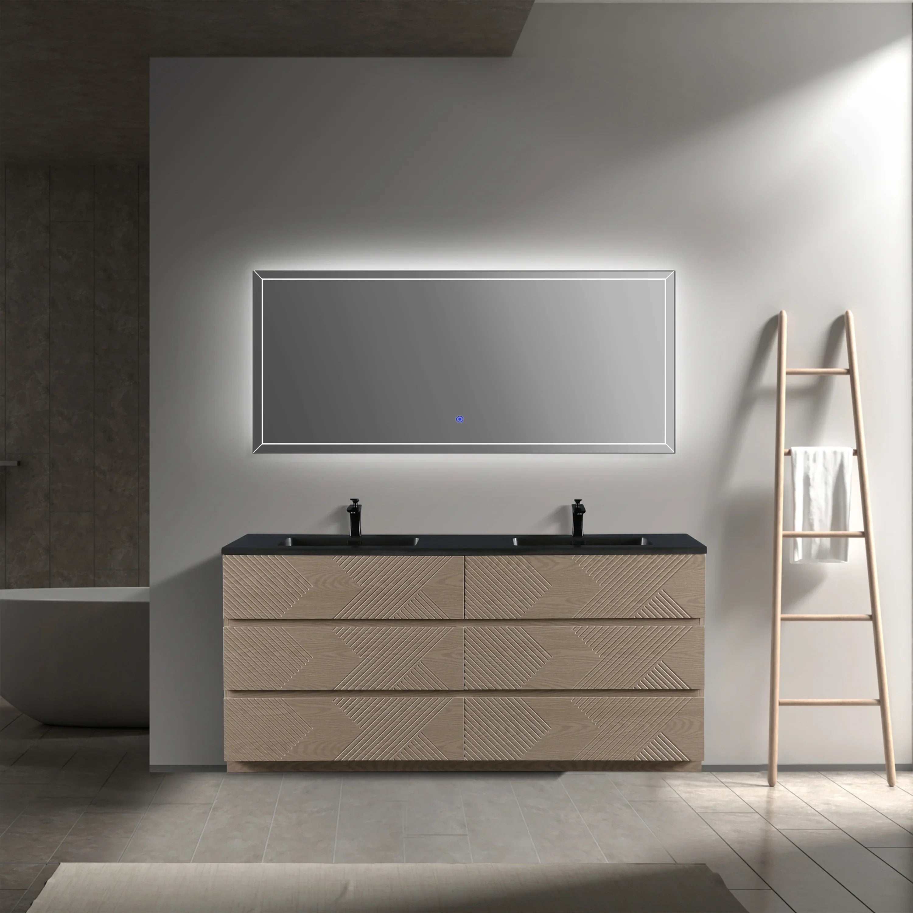 Meuble-Lavabo Autoportant 72po Chêne Taupe avec Comptoir de Quartz d'ingénierie Noir