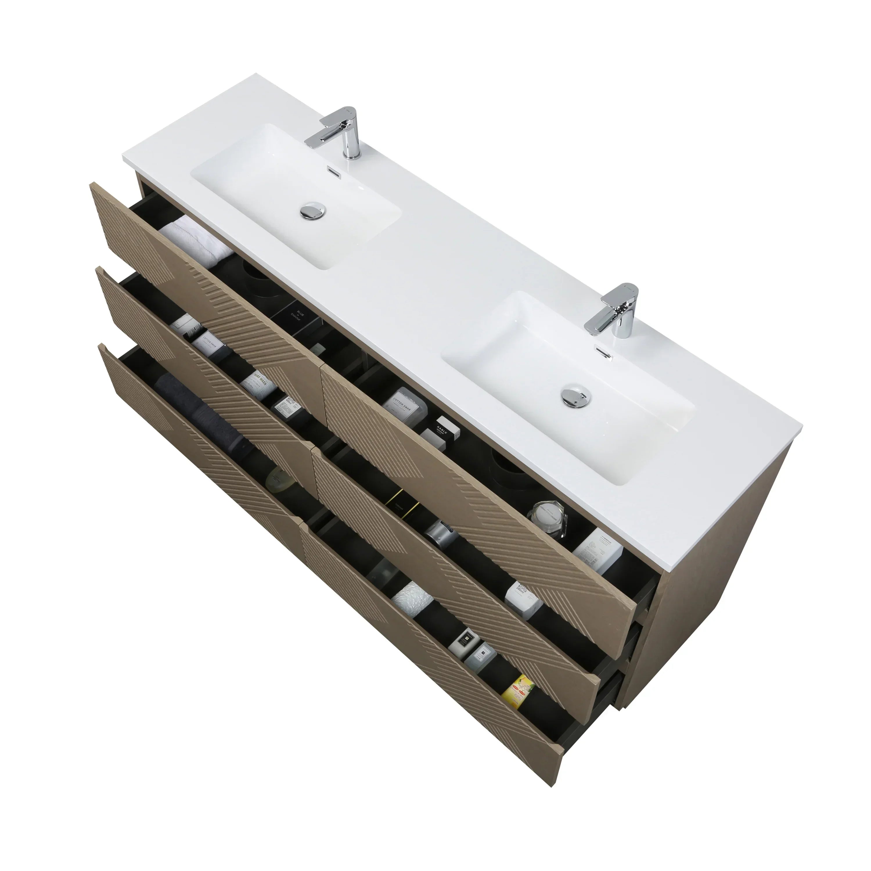 Meuble-Lavabo Autoportant 72po Chêne Taupe avec Comptoir de Polymarbre Blanc