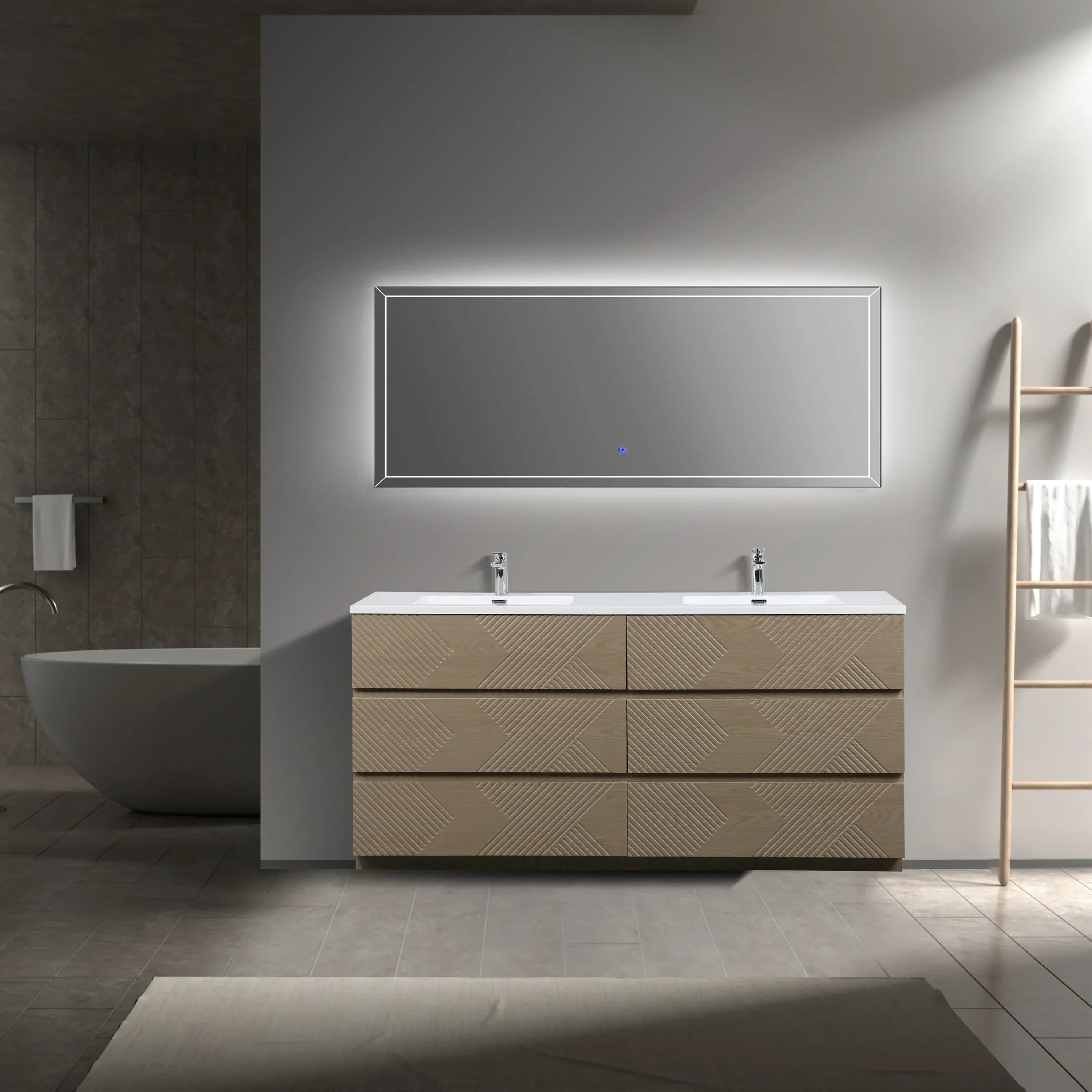 Meuble-Lavabo Autoportant 72po Chêne Taupe avec Comptoir de Polymarbre Blanc