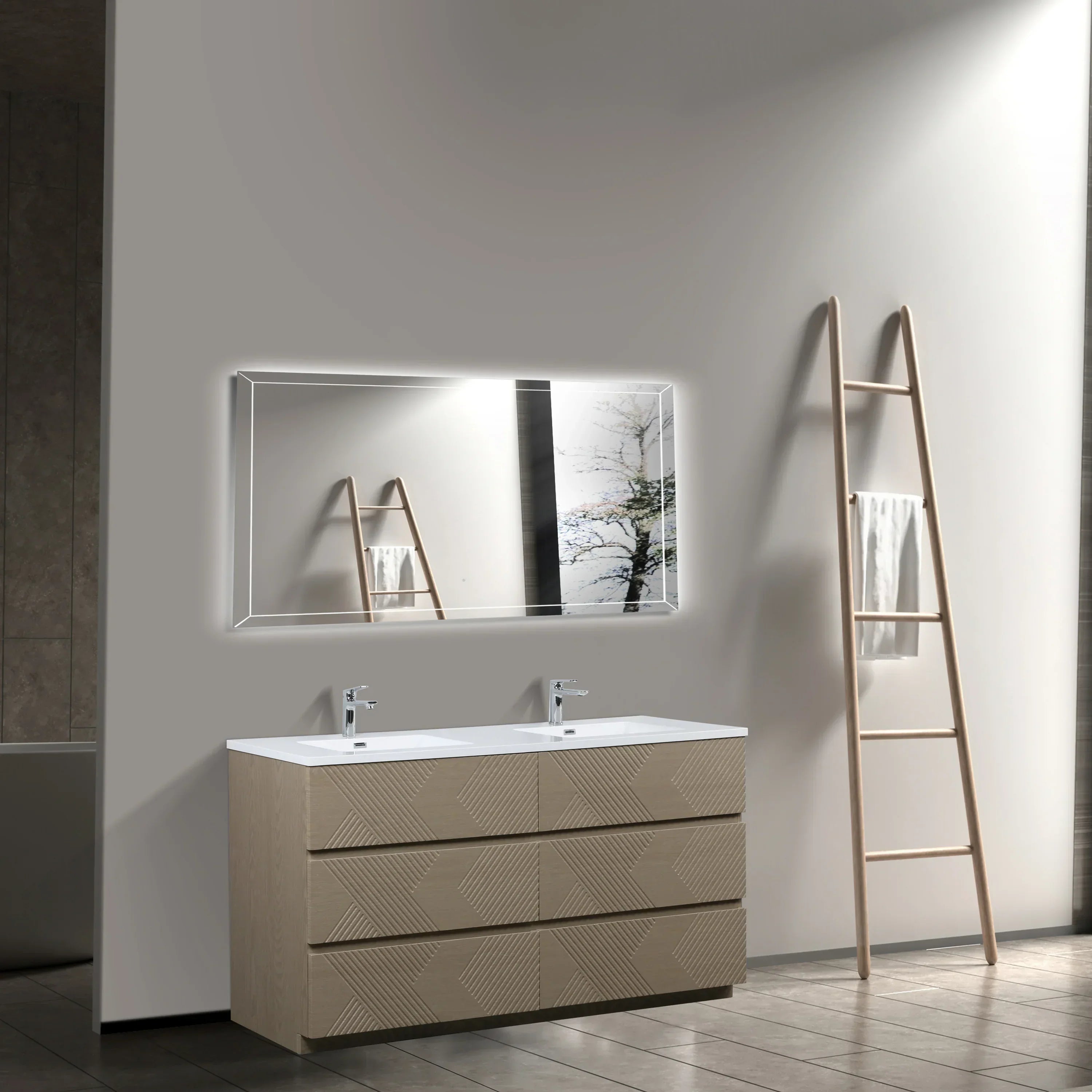 Meuble-Lavabo Autoportant 72po Chêne Taupe avec Comptoir de Polymarbre Blanc