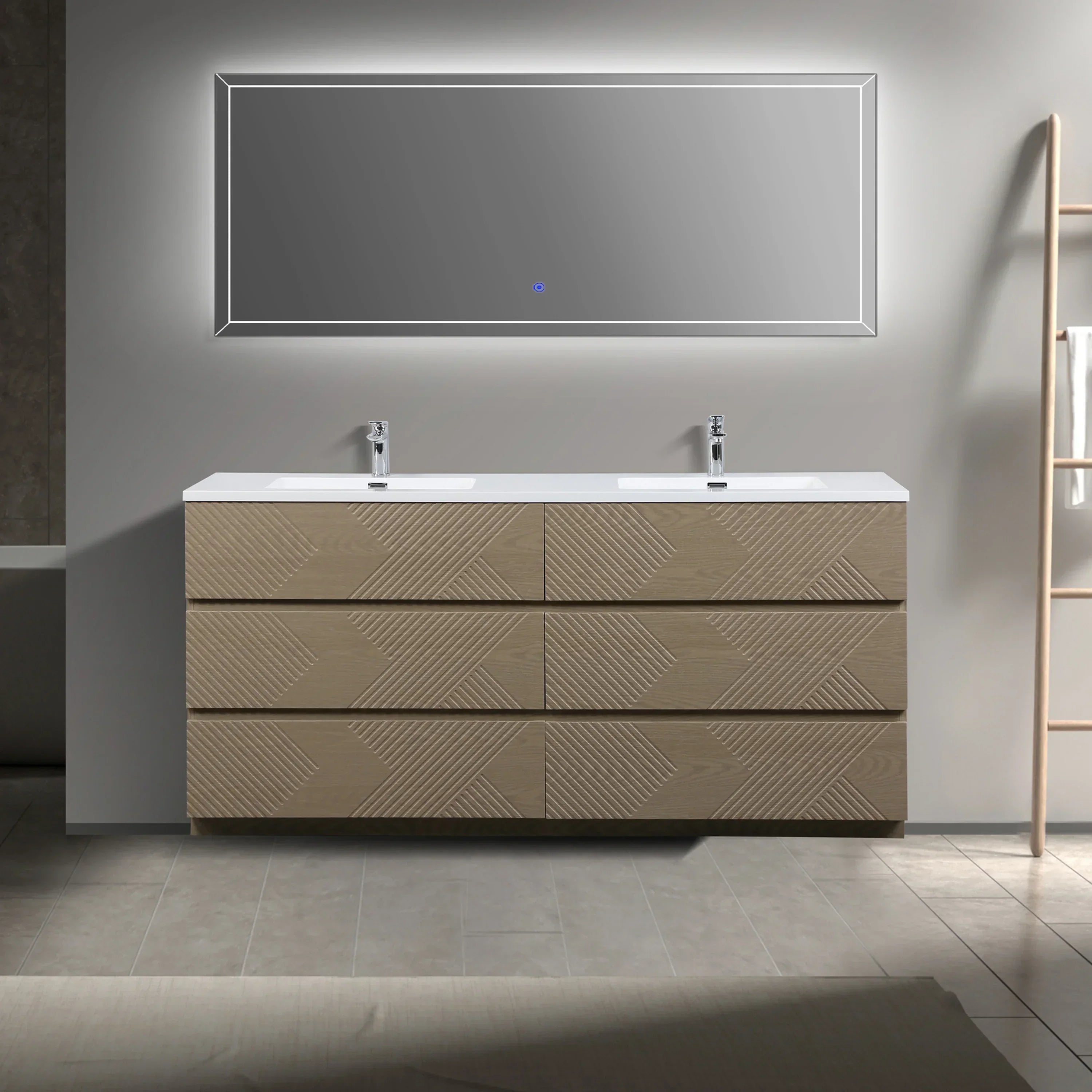 Meuble-Lavabo Autoportant 72po Chêne Taupe avec Comptoir de Polymarbre Blanc