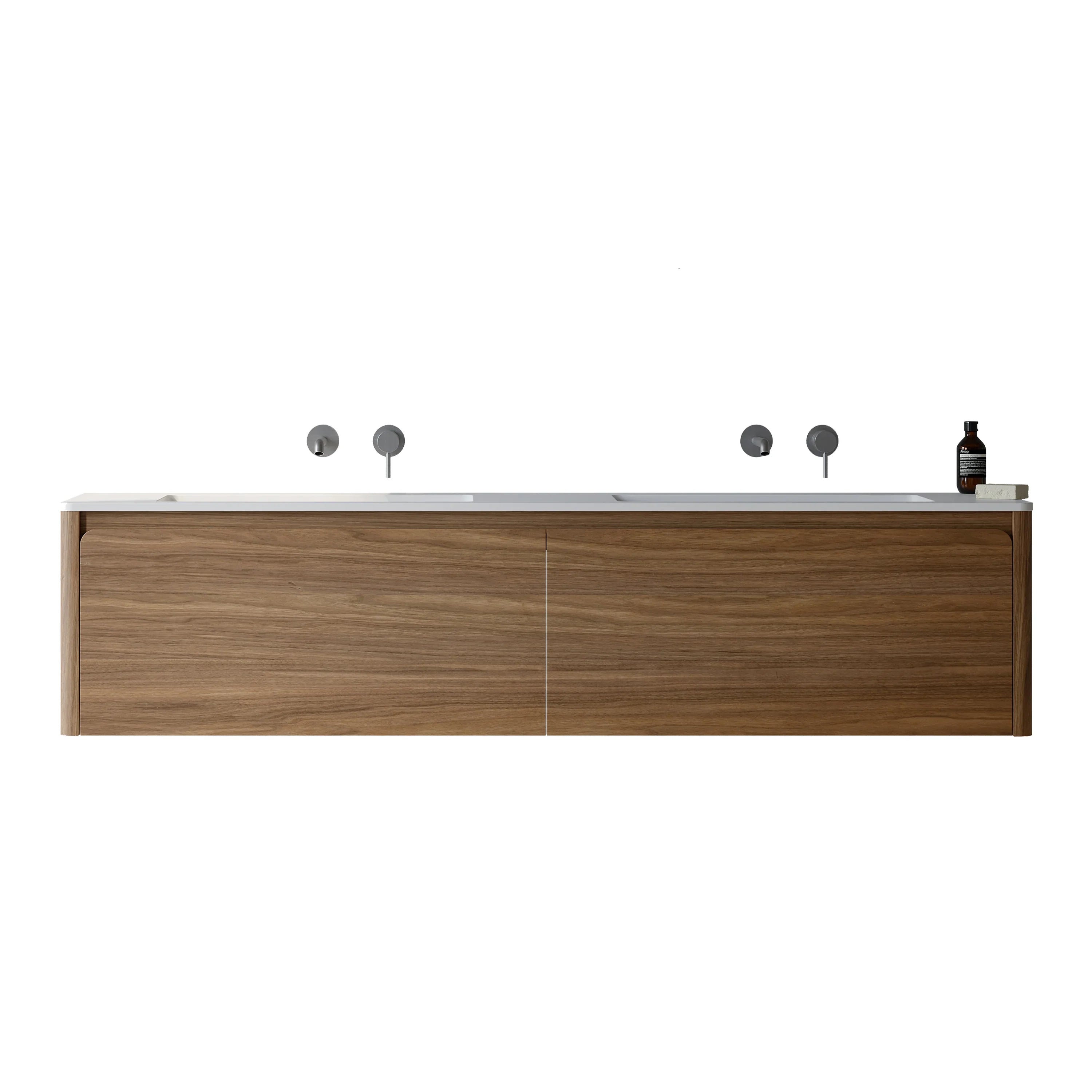 72" Walnut Wall Mount Double Sink Bathroom Vanity with Matte White Solid Surface Countertop