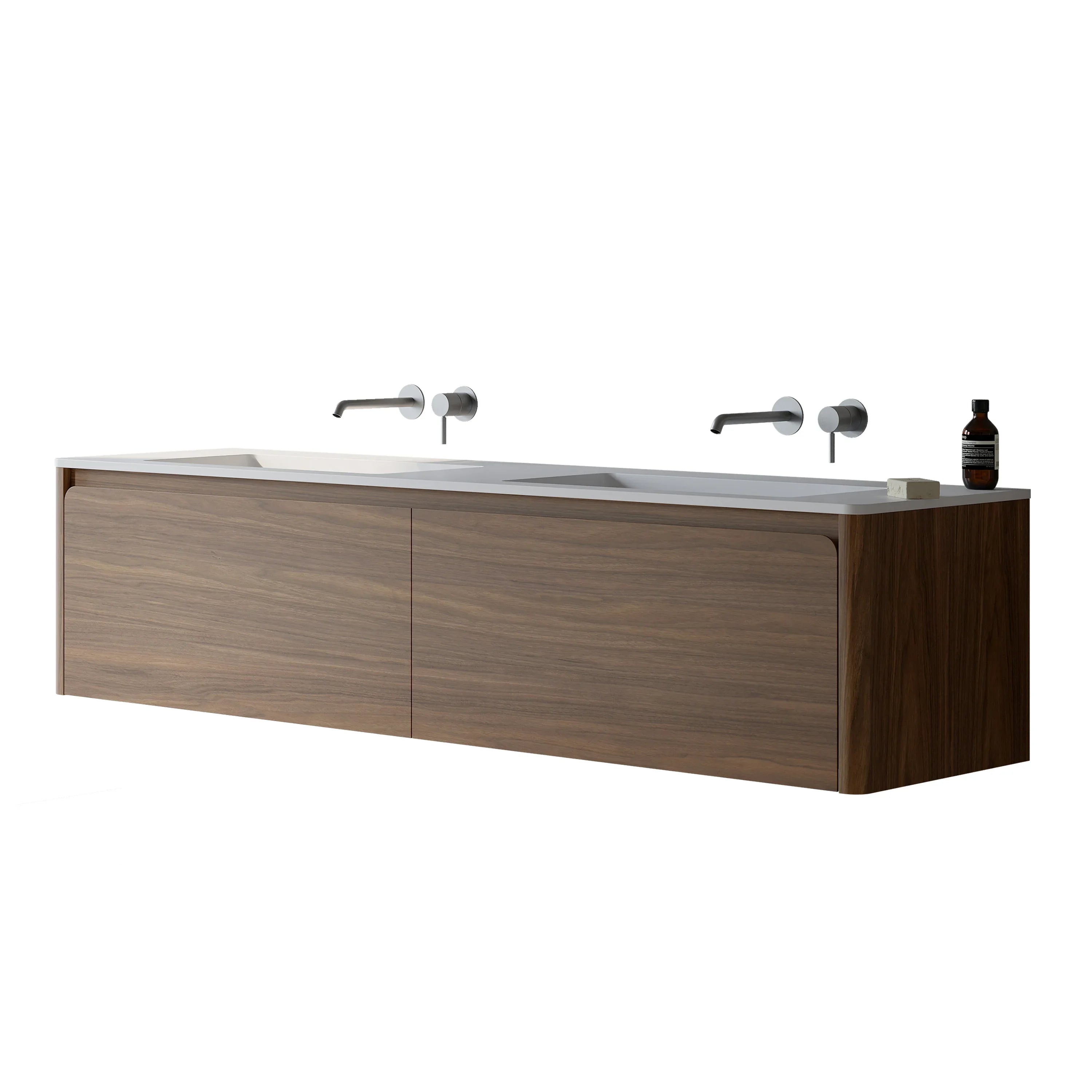 72" Walnut Wall Mount Double Sink Bathroom Vanity with Matte White Solid Surface Countertop