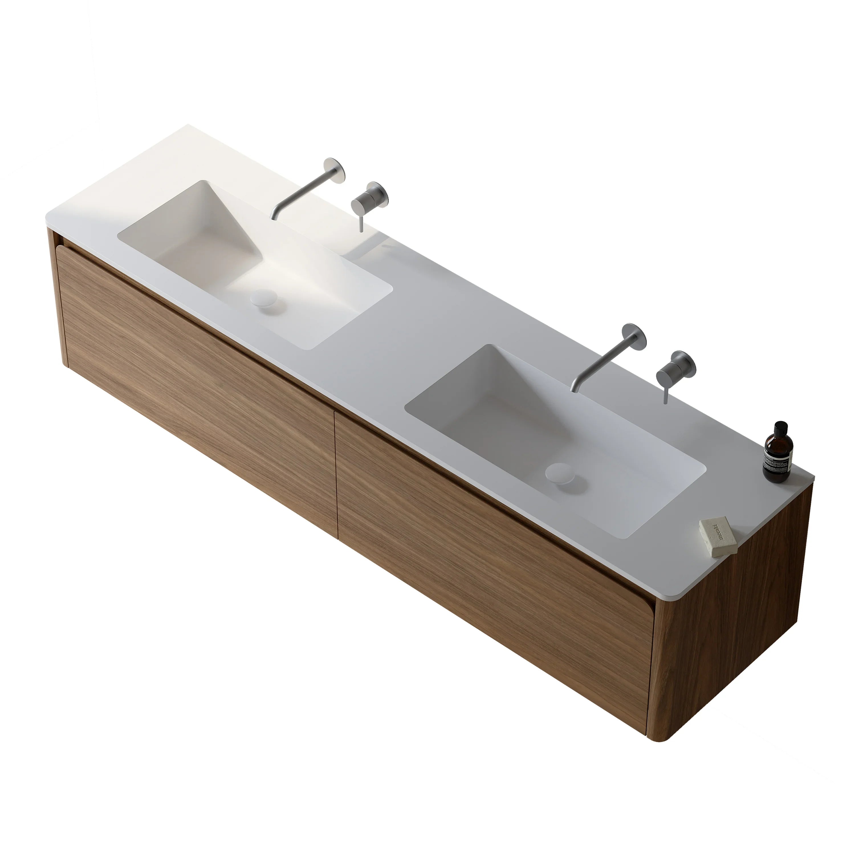 72" Walnut Wall Mount Double Sink Bathroom Vanity with Matte White Solid Surface Countertop