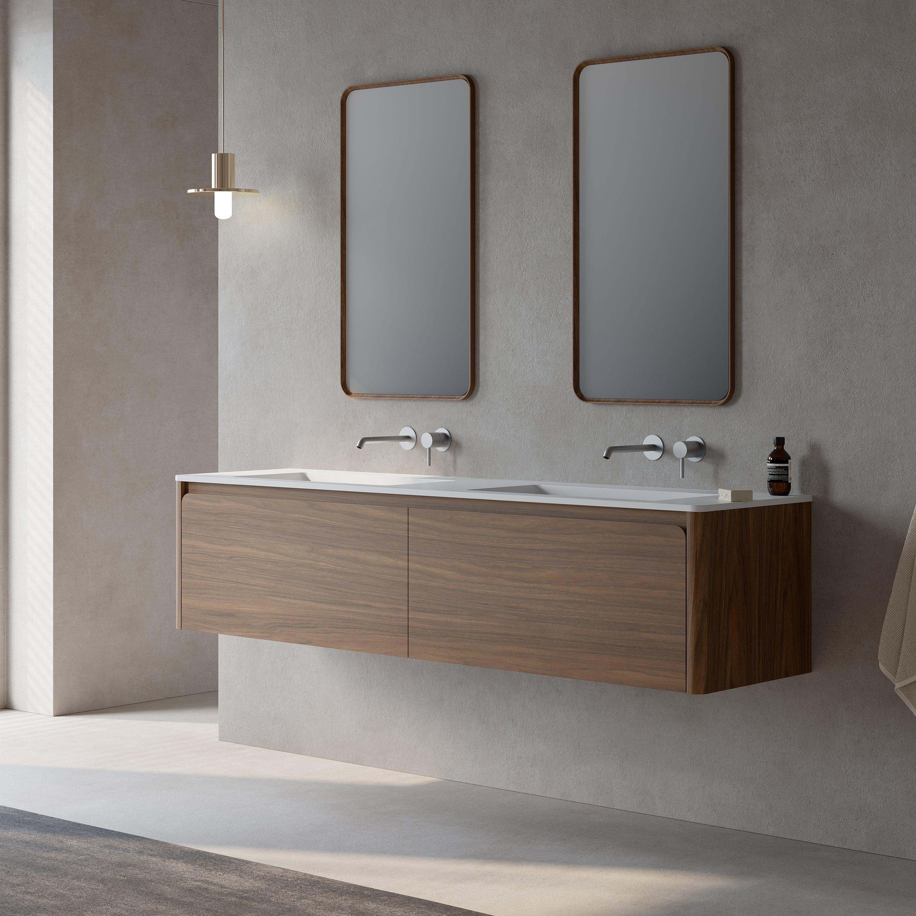 72" Walnut Wall Mount Double Sink Bathroom Vanity with Matte White Solid Surface Countertop