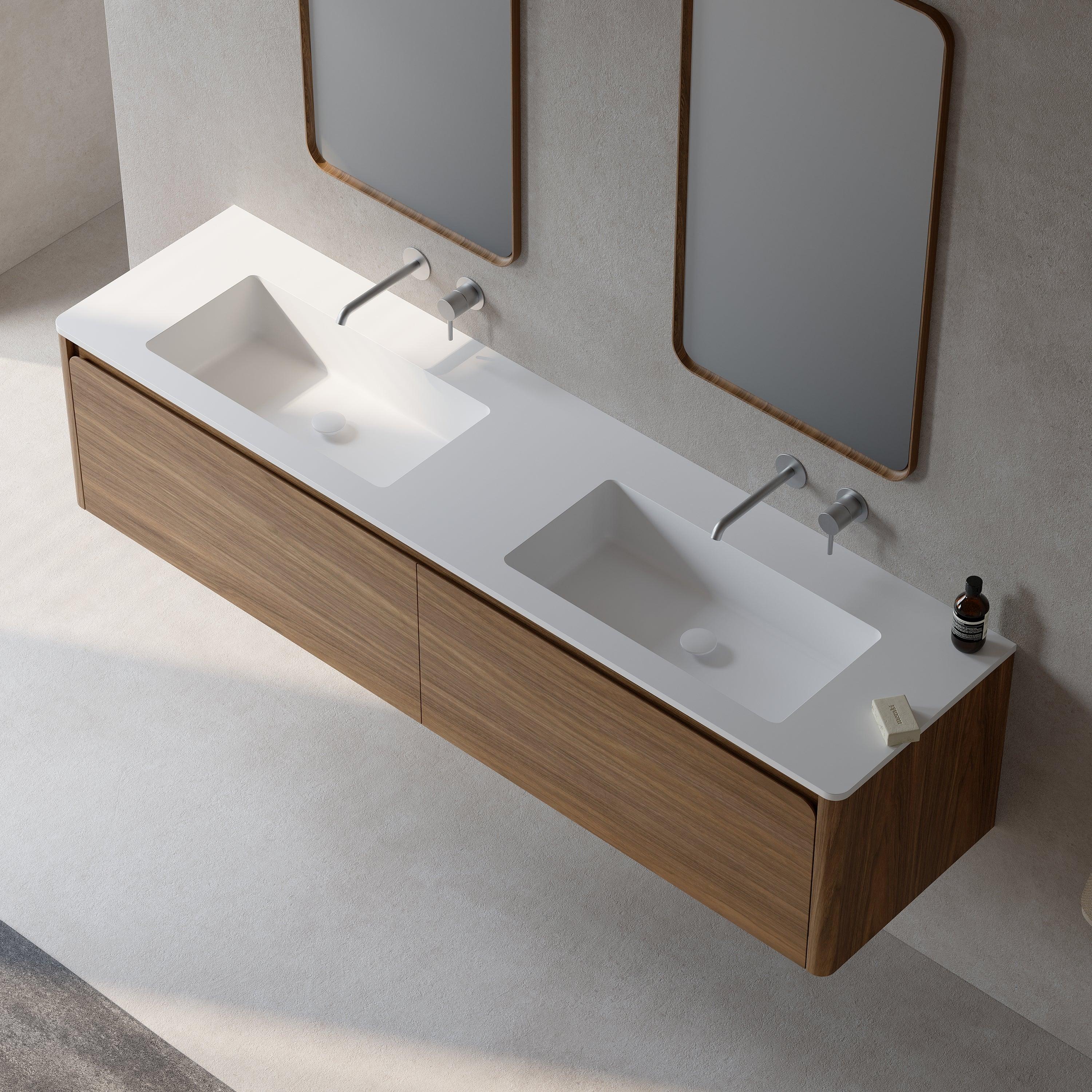 72" Walnut Wall Mount Double Sink Bathroom Vanity with Matte White Solid Surface Countertop