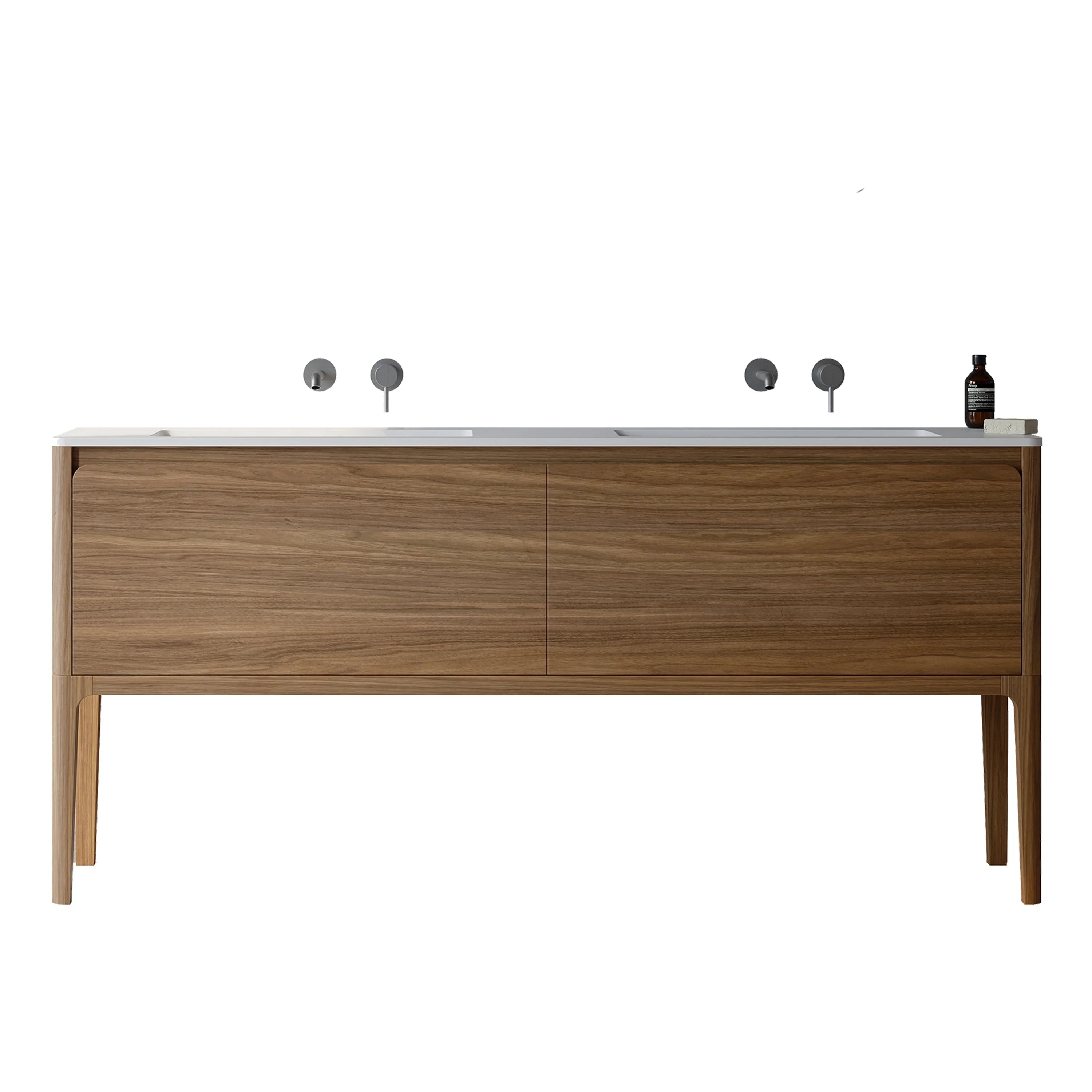 72" Walnut Wall Mount Double Sink Bathroom Vanity with Matte White Solid Surface Countertop