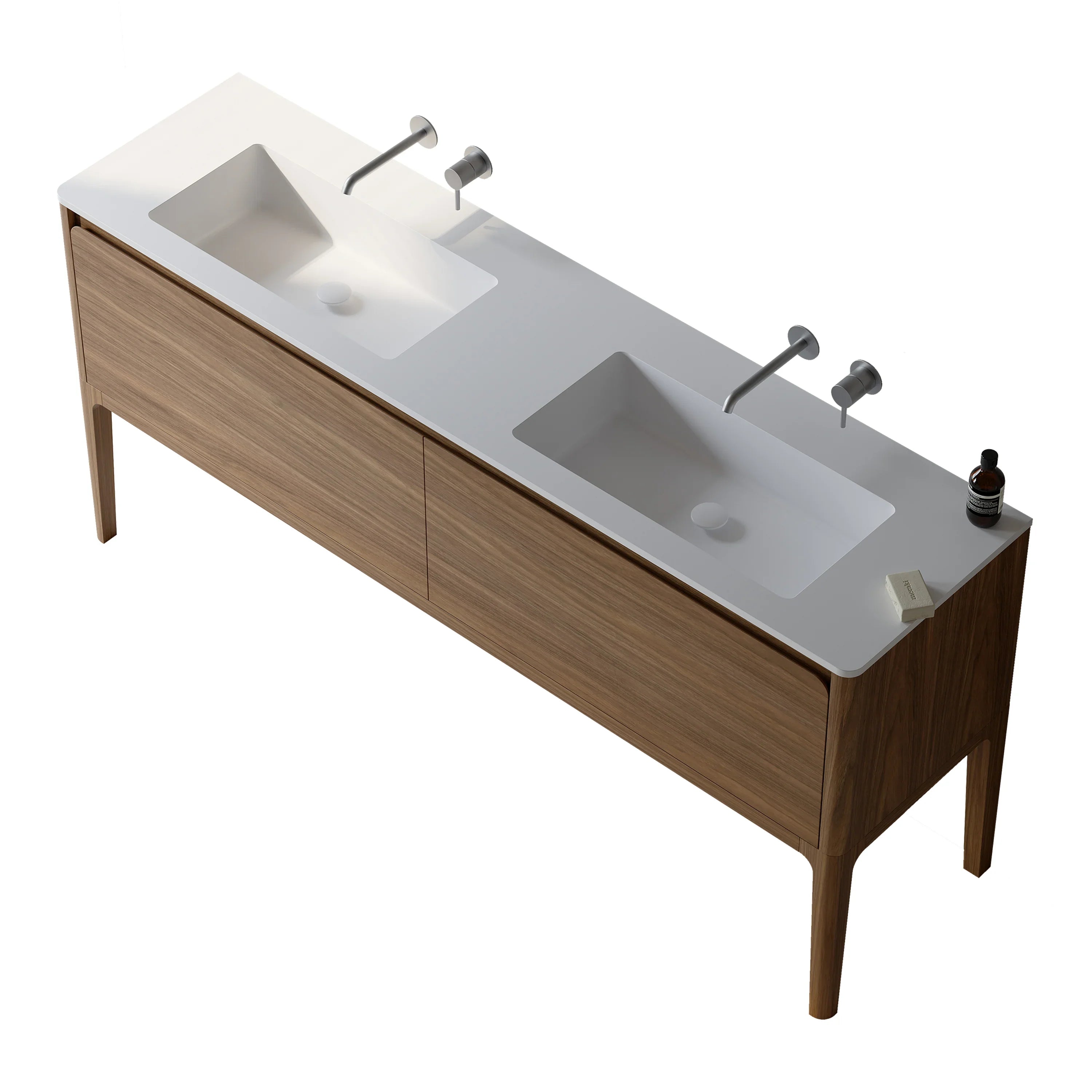 72" Walnut Wall Mount Double Sink Bathroom Vanity with Matte White Solid Surface Countertop