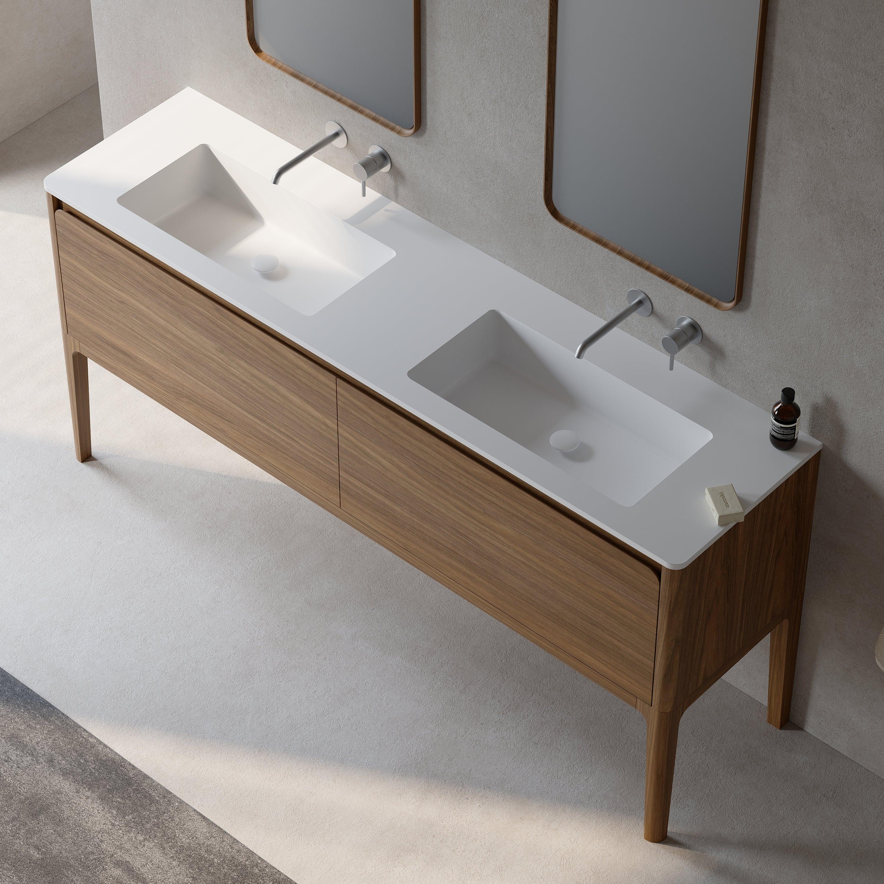 72" Walnut Wall Mount Double Sink Bathroom Vanity with Matte White Solid Surface Countertop