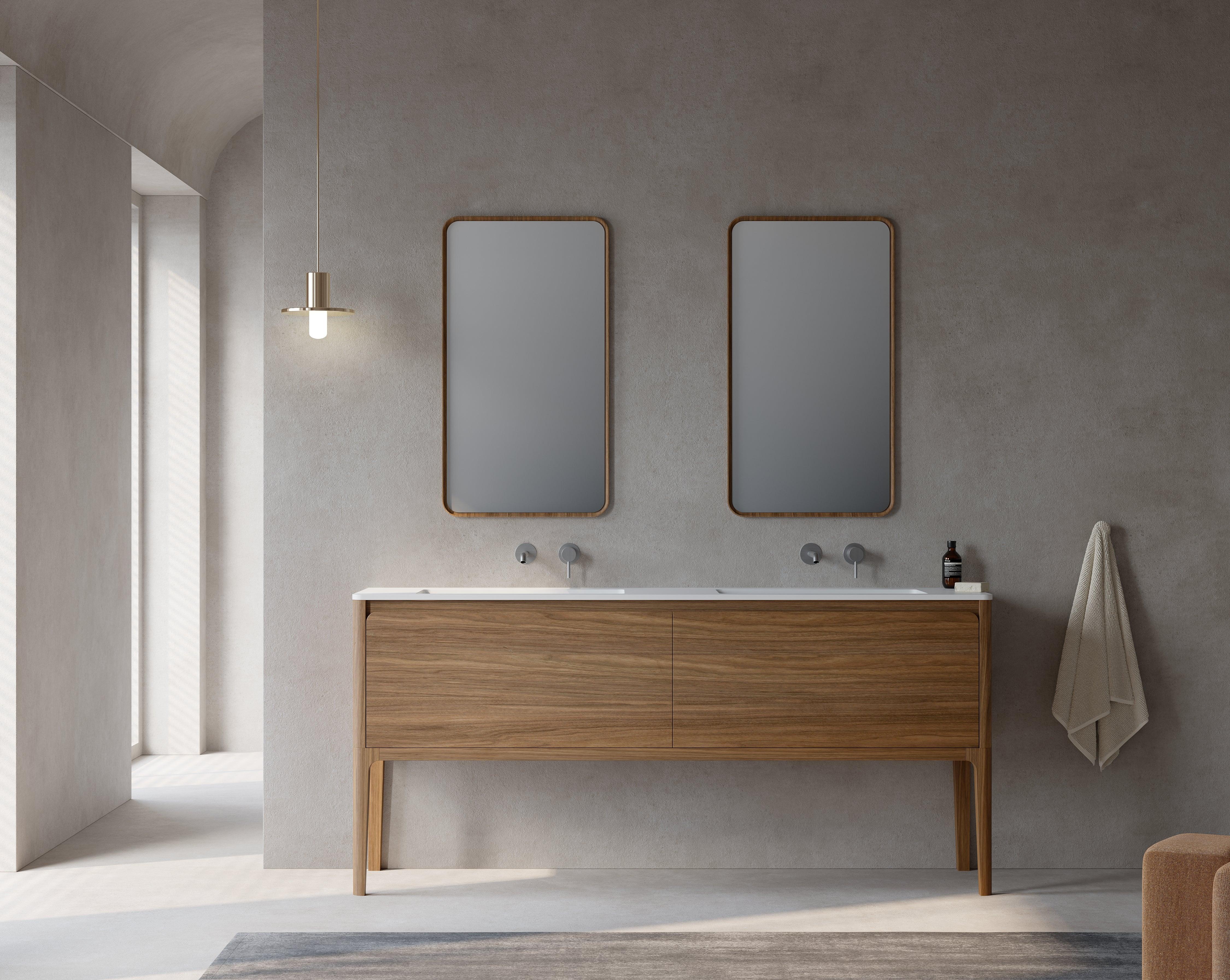 72" Walnut Wall Mount Double Sink Bathroom Vanity with Matte White Solid Surface Countertop