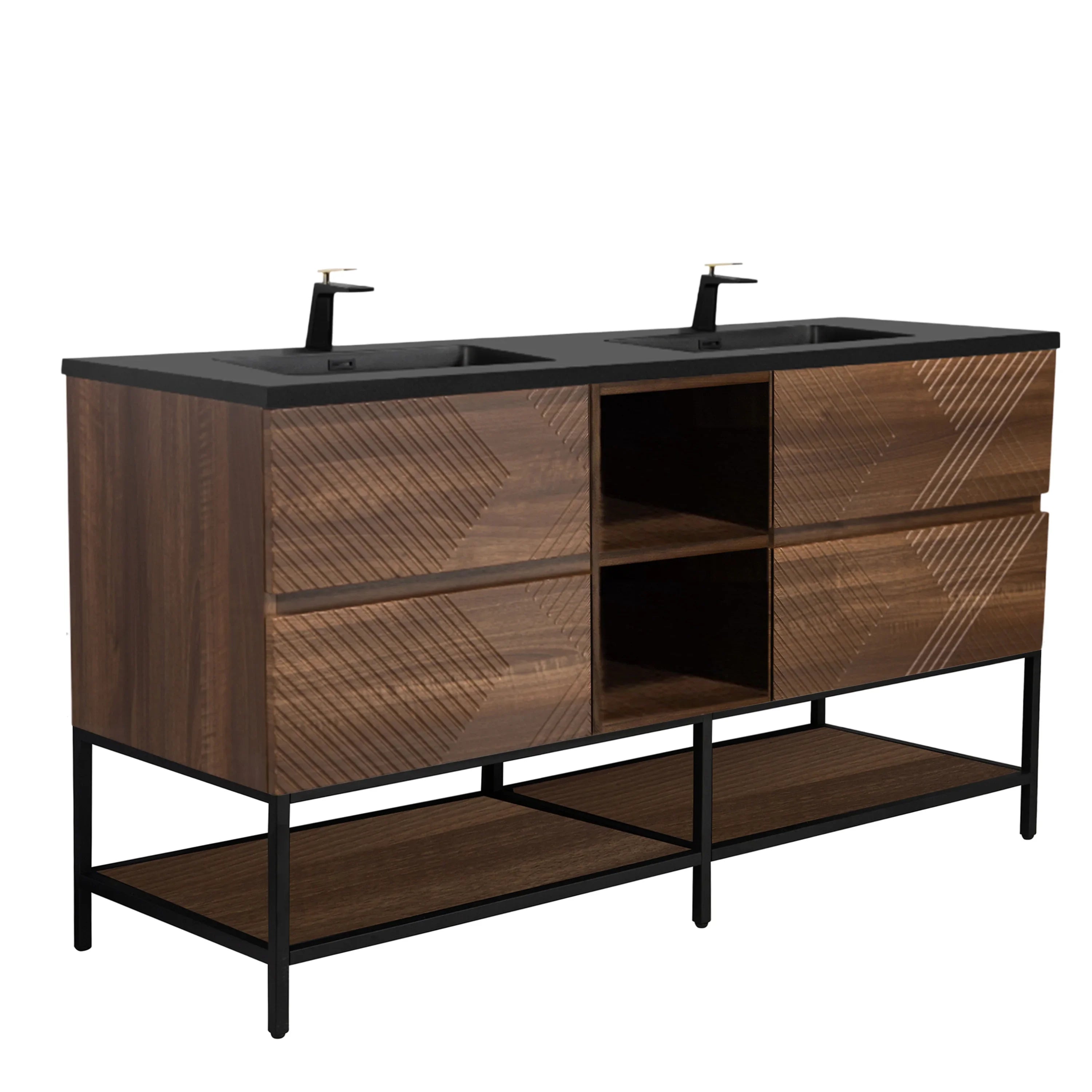 72" Walnut Wall Mount Double Sink Bathroom Vanity with Black Engineered Quartz Countertop