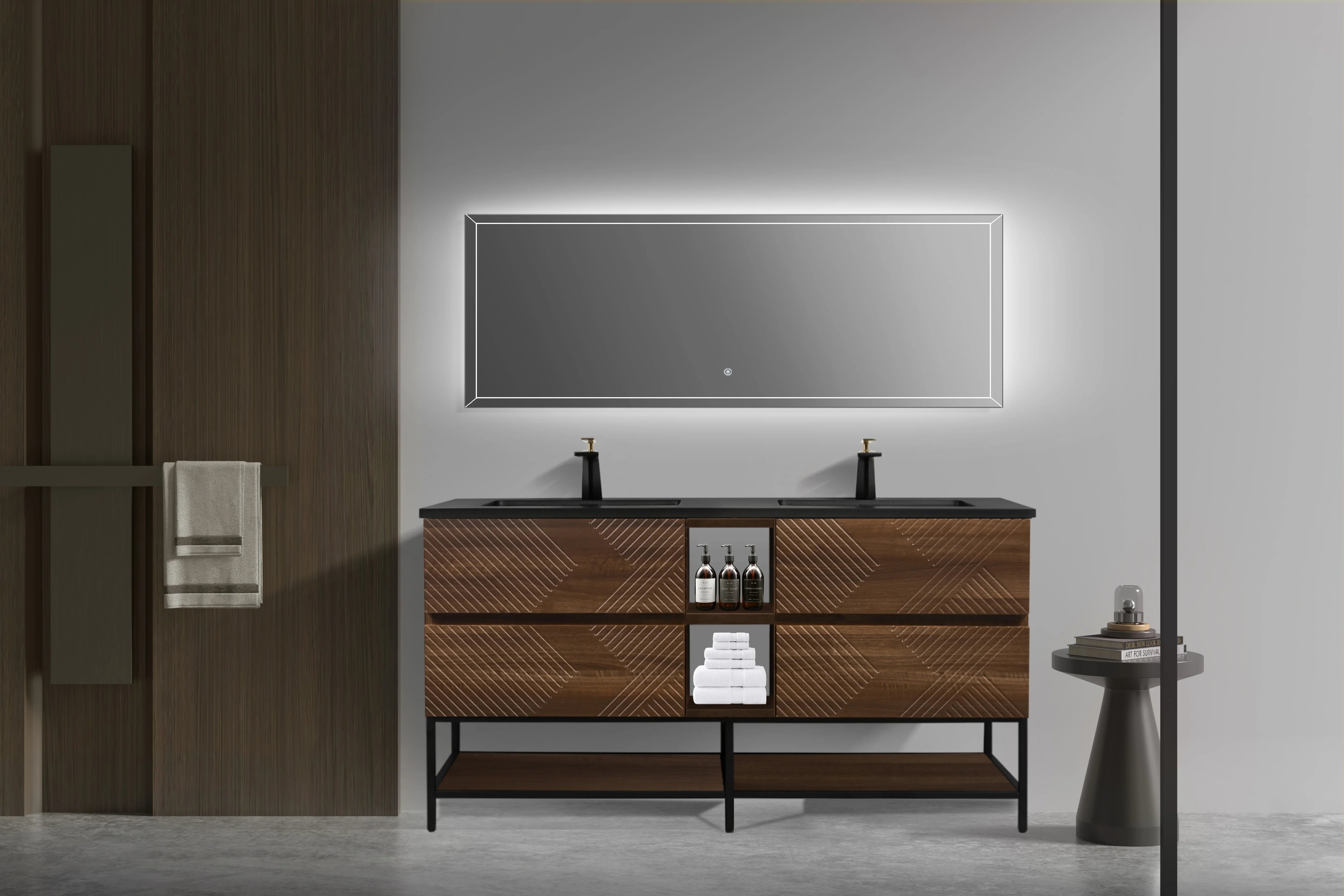 72" Walnut Wall Mount Double Sink Bathroom Vanity with Black Engineered Quartz Countertop