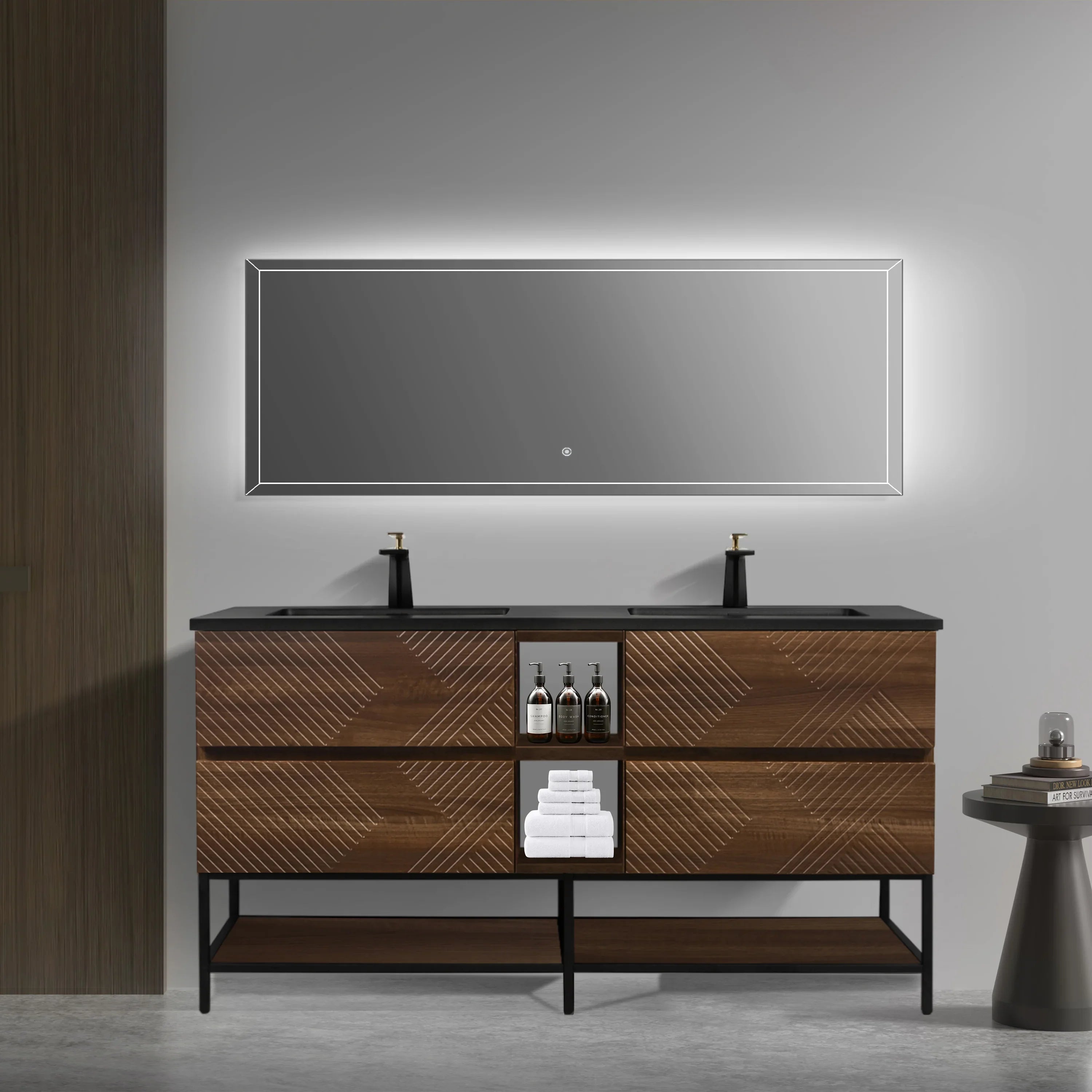 72" Walnut Wall Mount Double Sink Bathroom Vanity with Black Engineered Quartz Countertop